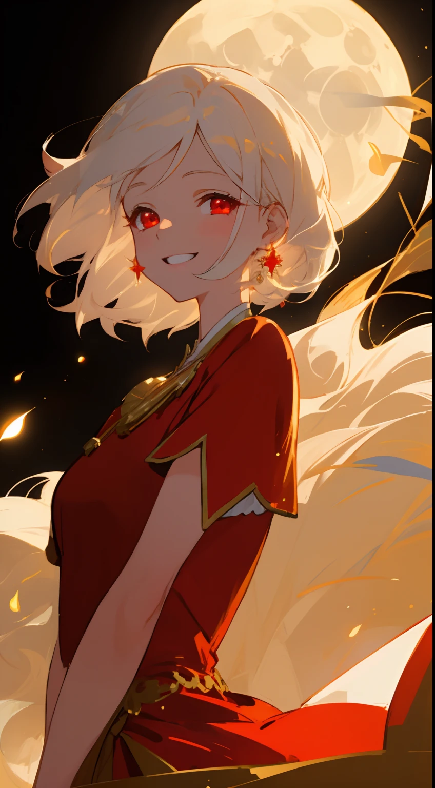 ((soft, smooth, soft colors)), wallpaper, gorgeous, masterpiece, best quality, 1girl, white hair, perfect face, expressive eyes, red eyes, glow,glowing eyes, ((happy,smilling, moon, laugh)), BREAK, contrast, gold, gold background, red dress, earing, pinjent, short eyes, bokeh, back light, stunning, pure, innocent,
