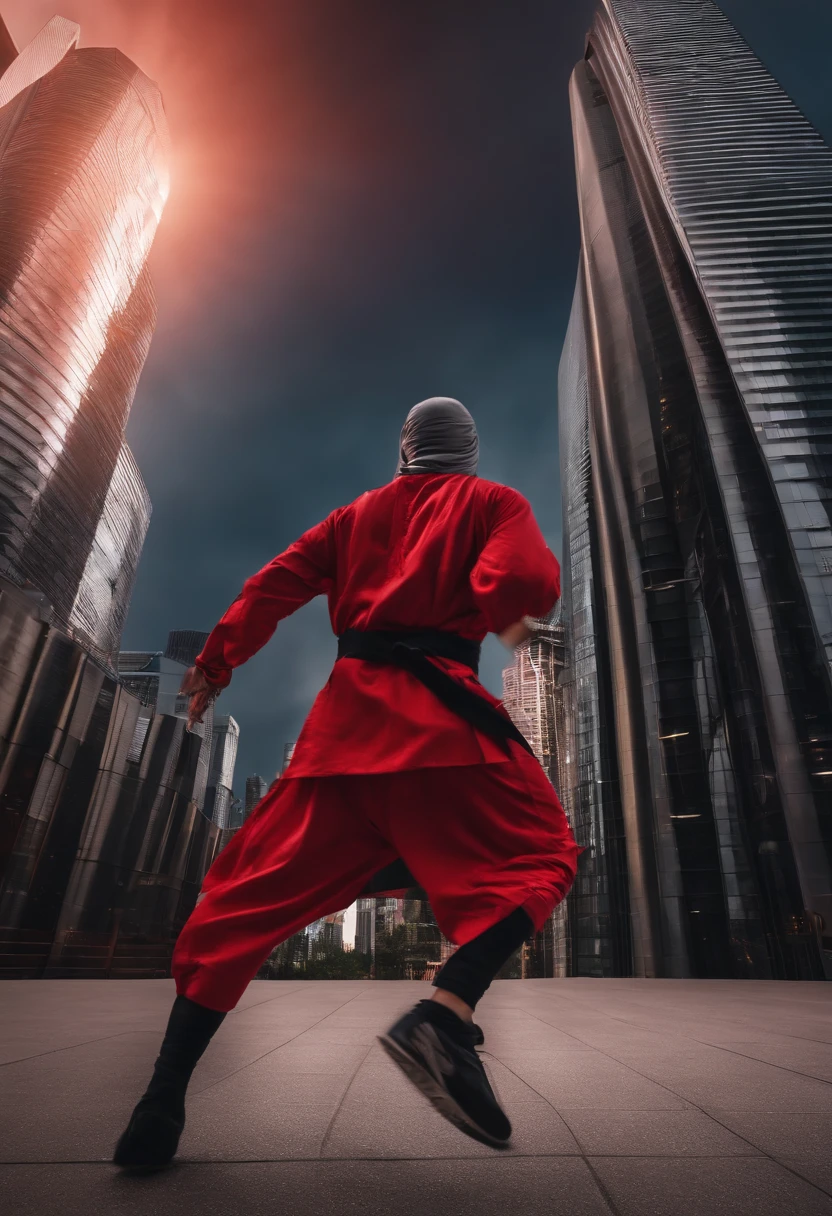 ninja in red and silver clothing running wall to wall of really tall building of skyscrapers during sunset.