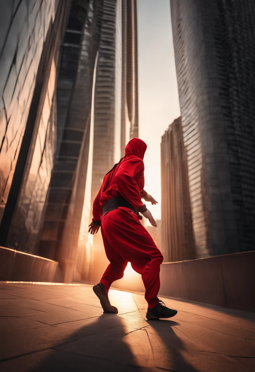ninja in red and silver clothing running wall to wall of really tall building of skyscrapers during sunset.