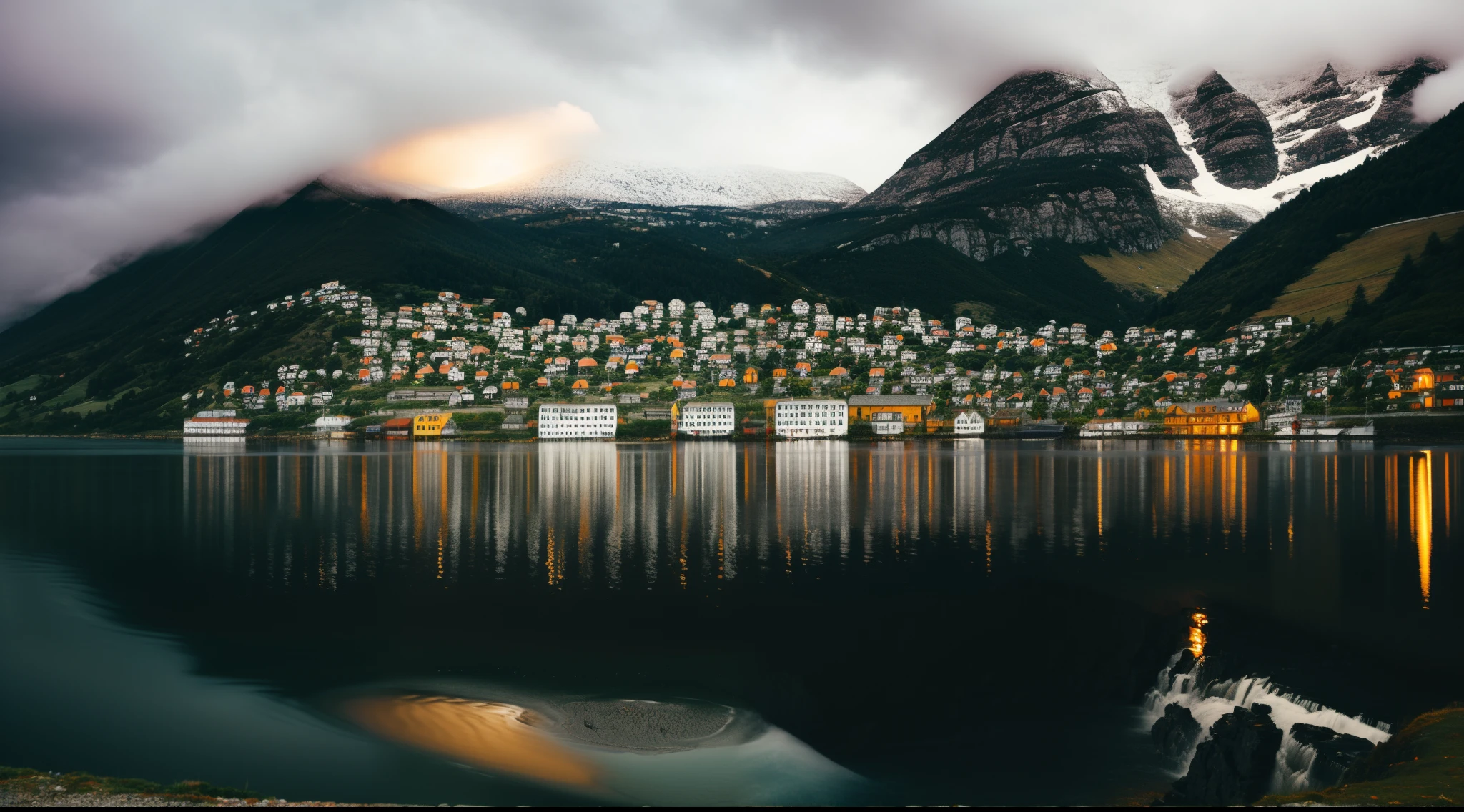 A landscape full of hills, rainy weather, small port town seen from afar, realistic nature