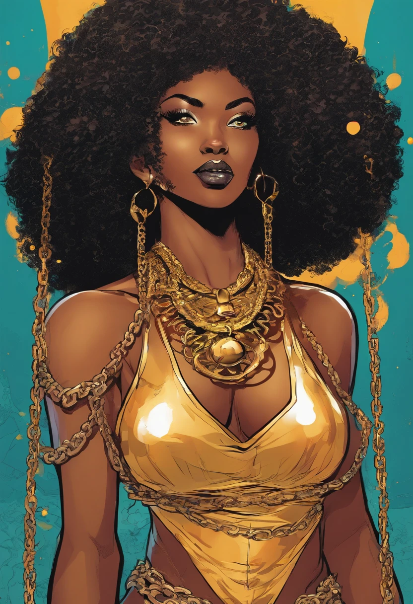 Ghotic woman afro cut with big bare breasts and piercing on the nipples of gold chains