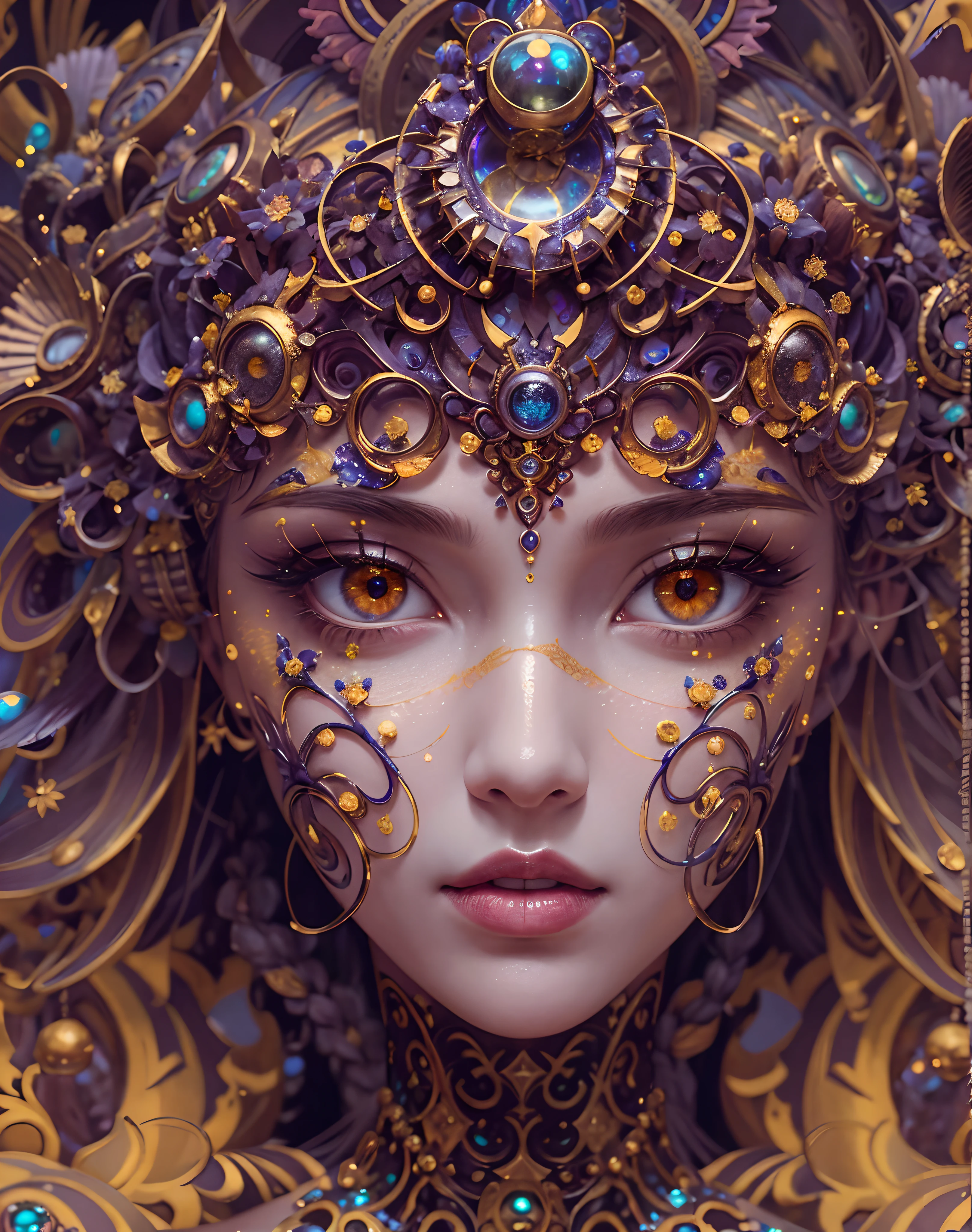 （best qualtiy，ultra - detailed，Most Best Illustration，Best shadow，tmasterpiece，A high resolution，professionalartwork，famousartwork），Detailed eyes，beautidful eyes，closeup cleavage，sci-fy，colored sclera，Orange Eye color, Robot eyes，face markings，Tattooed with，（fractalized，Fractal eyes），largeeyes，Wide eyes，（Eye focus），sface focus，Cosmic eyes，Space eyes，Close-up of metal sculpture of a woman with a moon in her hair，goddes。extremly high detail，3 d goddess portrait，Extremely detailed footage of the goddess，a stunning portrait of a goddess，Side image of the goddess，portrait of a beautiful goddess，Full body close-up portrait of the goddess，hecate goddess，portrait of a norse moon goddess，goddess of space and time,