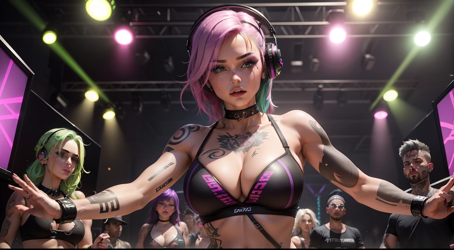 A captivating scene depicting a strong tattooed female DJ, with a sultry cleavage and headphones, commanding the dance floor at a rave party. The women around him, with blond, green, red, pink, purple, black and white hair, dance with intensity, showing off their tattoos.