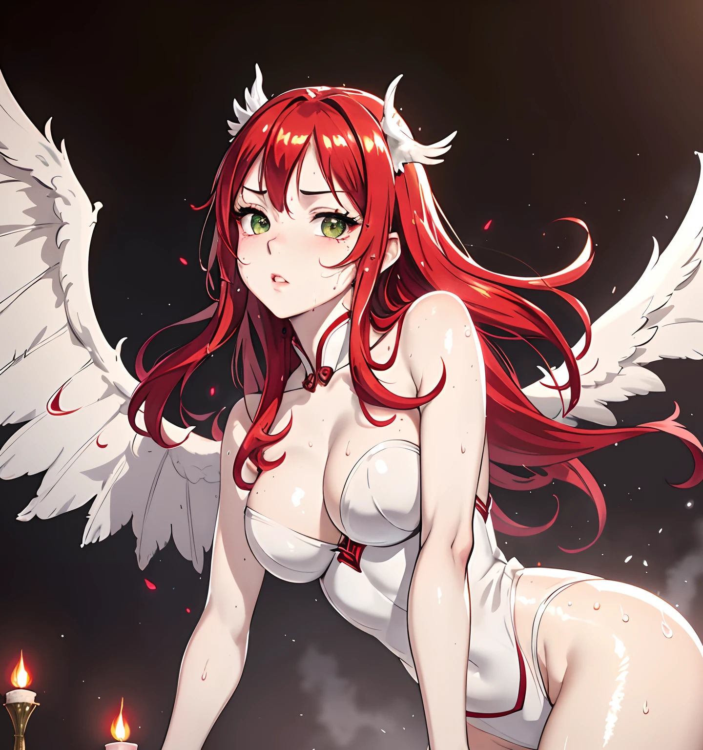 8k,4k,masterpiece, best quality, finely detail,manga,anime coloring,1girl,18yo,cute,maid,cafe shop,dramatic angle, 1girl, (hanfu), glowing, sidelighting, wallpaper, Maid knight, maid, knight, gothic fashion, gothic, dark clothes, female, fire angel, fire, angel, demon, red, red hair, pale skin, pale, green eyes, freckles, phoenix wings, fire wings, angel fire wings, angel wings, wings, one character, one face, one person, only one individual, only one character, only one person, only one face, absurd, masterpiece, best quality, realistic, hyper-detailed, (shiny skin, sweaty:1.4), slender, looking at viewer, 1girl, solo, long hair, (thick thighs:0.5), dynamic lighting, high resolution, sharp focus, depth of field, small breasts