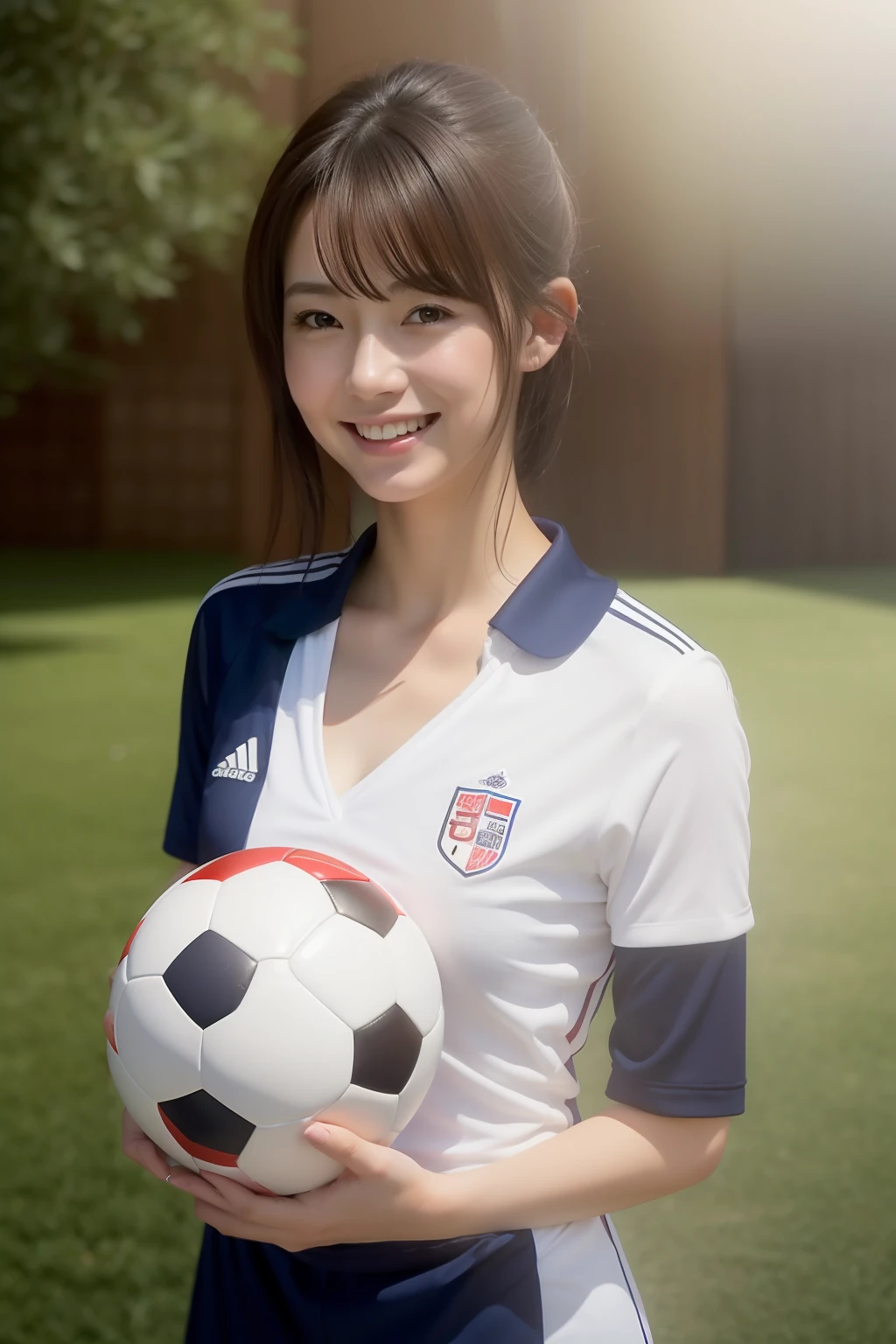 The most beautiful soft round big in the world, (1 girl: 1.3), Photorealistic, Photorealistic: 1.4 Official art, Beautiful and aesthetic, masutepiece, of the highest quality, Holding a soccer ball with both hands、 Japan most beautiful woman in soccer uniform, Complete cleavage, Smile, And the sexiest female figure in the world