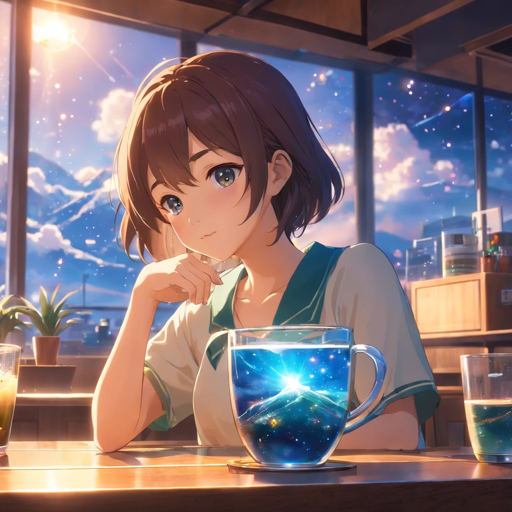 The universe in a cup, The whole universe exists inside glass.., Planets and galaxies in a glass, Wooden dining table, super realistic, hyper detailed, dramatic lighting, 4k, ultra hd, Realistic, bright colours, A highly detailed, UHD Drawing, Pen and ink, perfect composition, Beautiful detailed intricate insanely detailed octane make trending on artstation, 8K art photography, photorealistic concept art, soft natural volumetric cinematic perfect light