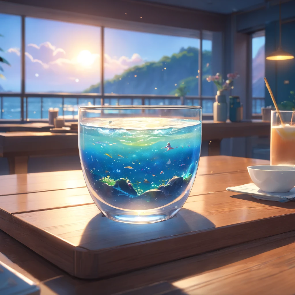 The universe in a cup, The whole universe exists inside glass.., Planets and galaxies in a glass, Wooden dining table, super realistic, hyper detailed, dramatic lighting, 4k, ultra hd, Realistic, bright colours, A highly detailed, UHD Drawing, Pen and ink, perfect composition, Beautiful detailed intricate insanely detailed octane make trending on artstation, 8K art photography, photorealistic concept art, soft natural volumetric cinematic perfect light