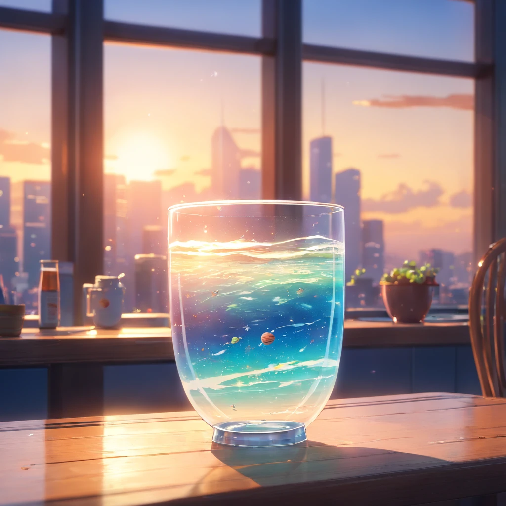 The universe in a cup, The whole universe exists inside glass.., Planets and galaxies in a glass, Wooden dining table, super realistic, hyper detailed, dramatic lighting, 4k, ultra hd, Realistic, bright colours, A highly detailed, UHD Drawing, Pen and ink, perfect composition, Beautiful detailed intricate insanely detailed octane make trending on artstation, 8K art photography, photorealistic concept art, soft natural volumetric cinematic perfect light