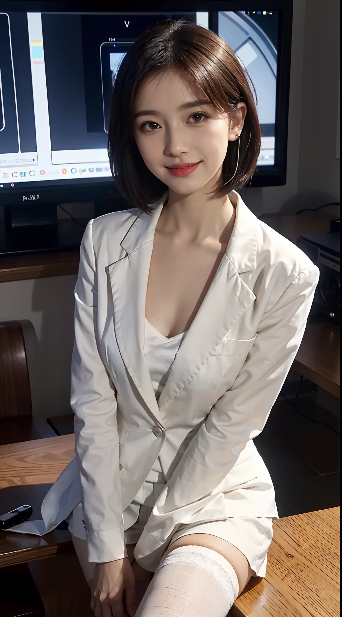 8K,masterpiece,best quality,TV programs, news programs, presenters in the host broadcast news, broadcast halls, sitting upright on the chair behind the table,The table is in front of the girl,There are instruments and equipment on site, large screen,microphone on the table,A girl,Extremely detailed facial details,shoulder length black straight short hair, Wearing earphone in one ear,smile,happy,white blazer and skirt set,shirt,small breasts,slim, thin,white stockings, high heels,close shot,Broadcasting in progress,Holding the manuscript in hand,cowboy shot,Directly facing the camera,front front,upper body