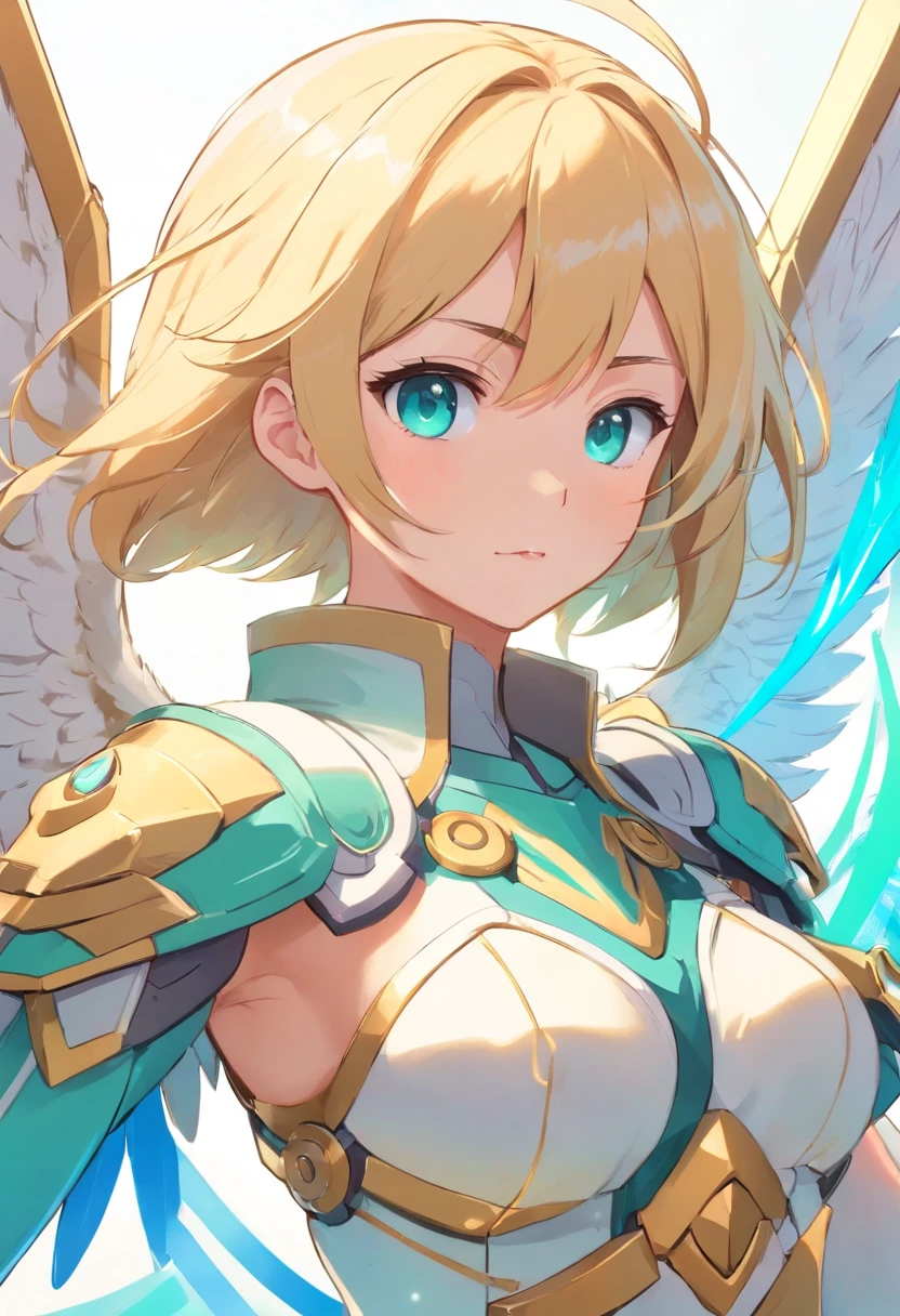 angelicales,s girl,blond hairbl,Turquoise pupils,Six-winged angel,high and cold,big breasts beautiful,divino,Dignified,Royal Sister,with a round face,holding a large sword,Metal armor,chies