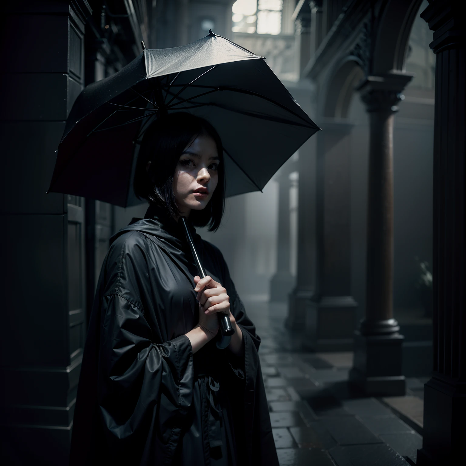 （Creepy interior）， master art， Superior quality， A high resolution， Many details， dramatic contrast， Sinister darkness， Depth-of-fie， Scary lights， Mysterious Shadows， Complex textures， Dark figures，The thin girl in the black robe turned halfway ，Foggy environment， Creepy disguised creatures， She laughed evilly，Dark elements， Dynamic perspective， She held a large black umbrella，The umbrella covered part of her face，