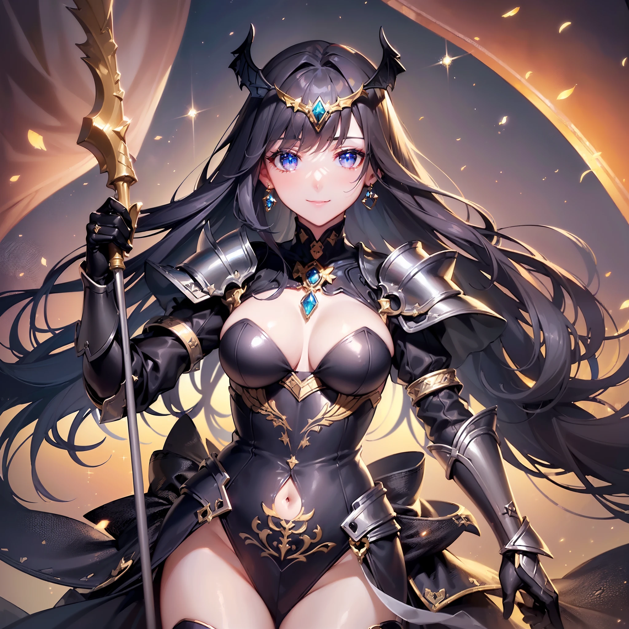 ((masuter piece:1.5)),((Finest quality)),(Ultra-high precision),8k picture,Top quality anime,Highest level of resolution,sharpnes,Clair,Fantasyart,rays of moonlight,((perfect anatomia:)),(Perfect depiction, Unbroken body),Detailed down to the smallest detail,Phenomenal depiction,((1人の女性),(Dull glowing black night armor,Detailed and detailed details,Sparkling Jewels,(circlet,Wing ornament)),(Raising a military flag with a coat of arms:1.1)a smile,Fantasy backgrounds with depth,full bodyesbian,Particle Light:1.2