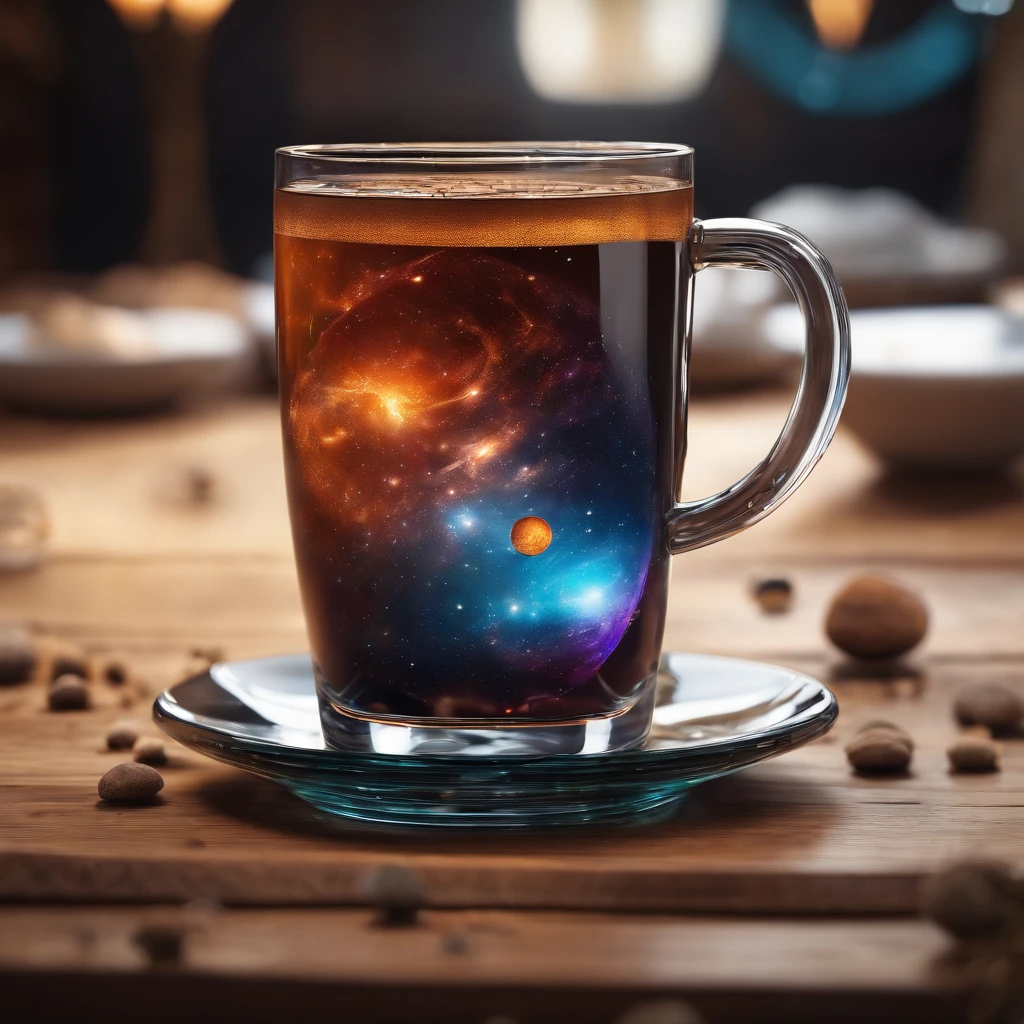 The universe in a cup, The whole universe exists inside the glass..., Planets and galaxies in a glass, Wooden dining table, super realistic, hyper detailed, dramatic lighting, 4k, ultra hd, Realistic, bright colours, A highly detailed, UHD Drawing, Pen and ink, perfect composition, Beautiful detailed intricate insanely detailed octane make trending on artstation, 8K art photography, photorealistic concept art, soft natural volumetric cinematic perfect light