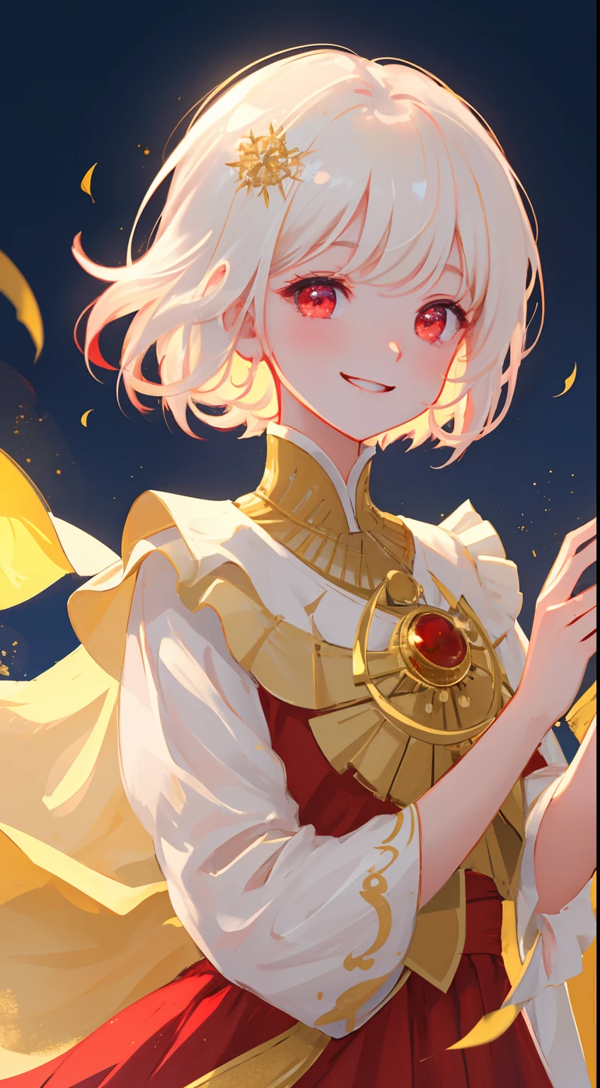 ((soft, smooth, soft colors)), wallpaper, gorgeous, masterpiece, best quality, 1girl, white hair, perfect face, expressive eyes, red eyes, glow,glowing eyes, ((happy,smilling, moon, laugh)), BREAK, contrast, gold, gold background, red dress, earing, pinjent, short eyes, bokeh, back light, stunning, pure, innocent, short hair,wind
