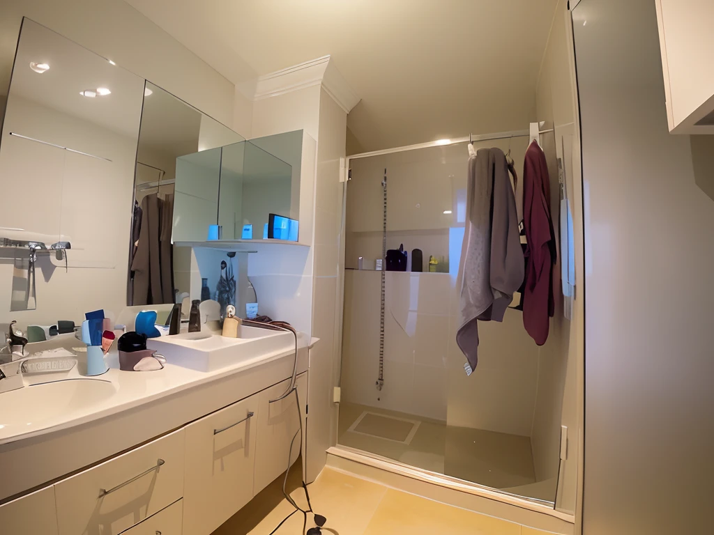 there is a bathroom with a shower, sink, and mirror, hard lighting!, photo taken in 2 0 2 0, neat and tidy, in bathroom, clean and neat, cleaned up, bottom angle, realistic image, colour corrected, looks realistic, clean and organized, poorly lit, tiny room with dirty wall tiles, clean image, slight overcast lighting, uncluttered