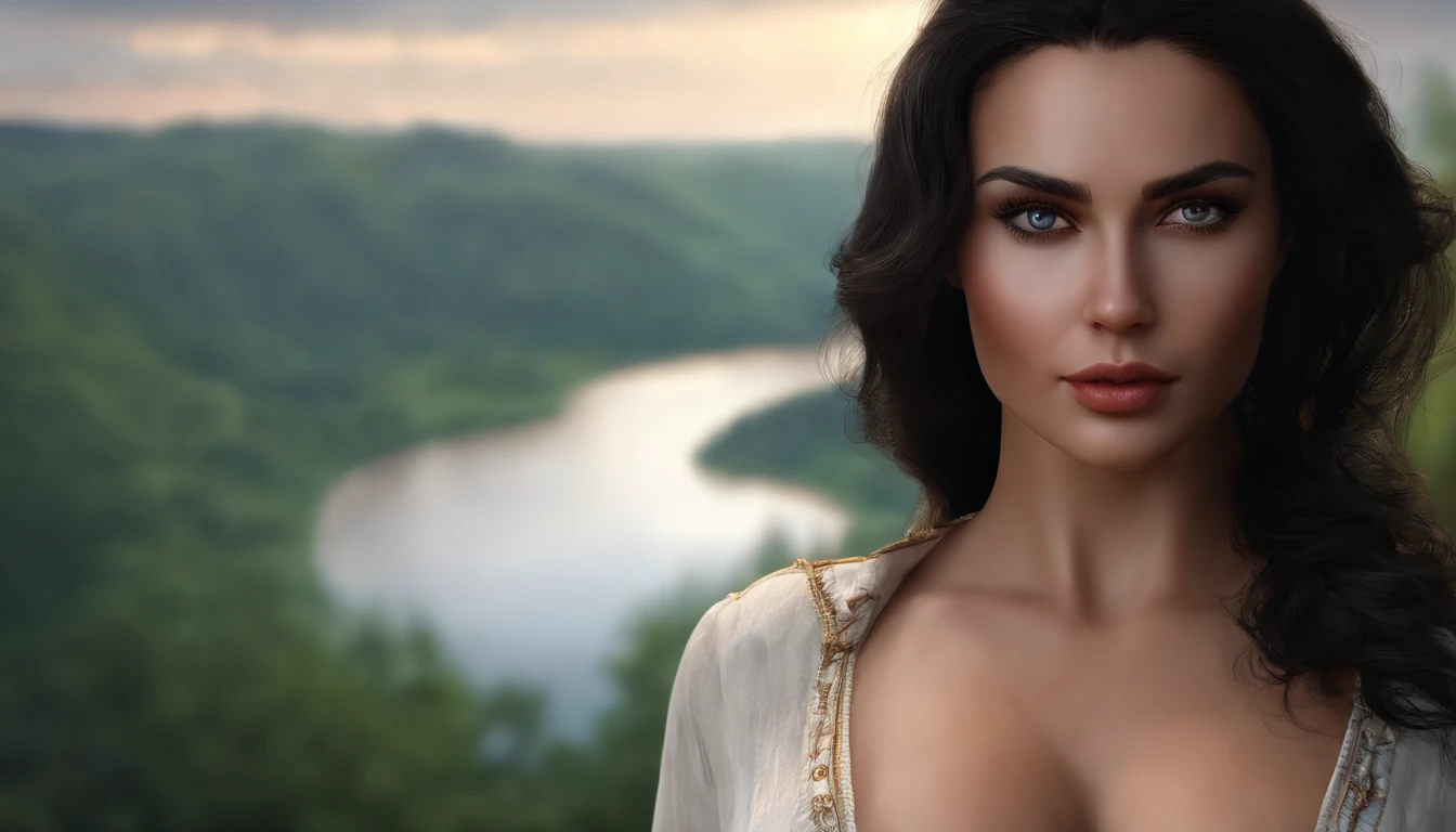 (realistic, best quality:1.2), 1 girl, black hair, slavic face, big breasts, unbuttoned shirt, detailed eyes and lips, natural lighting,nipples