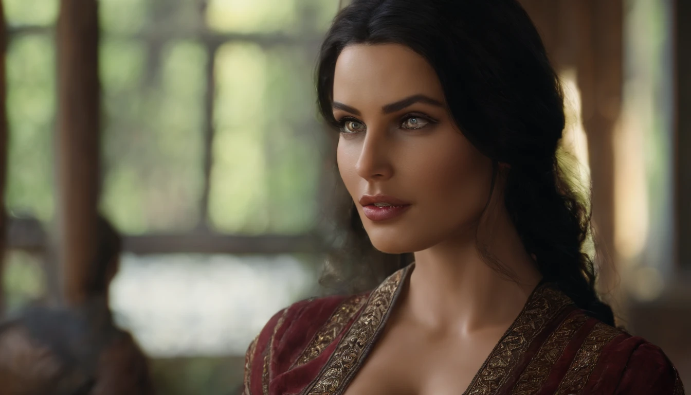 (realistic, best quality:1.2), 1 girl, black hair, slavic face, big breasts, unbuttoned shirt, detailed eyes and lips, natural lighting,nipples