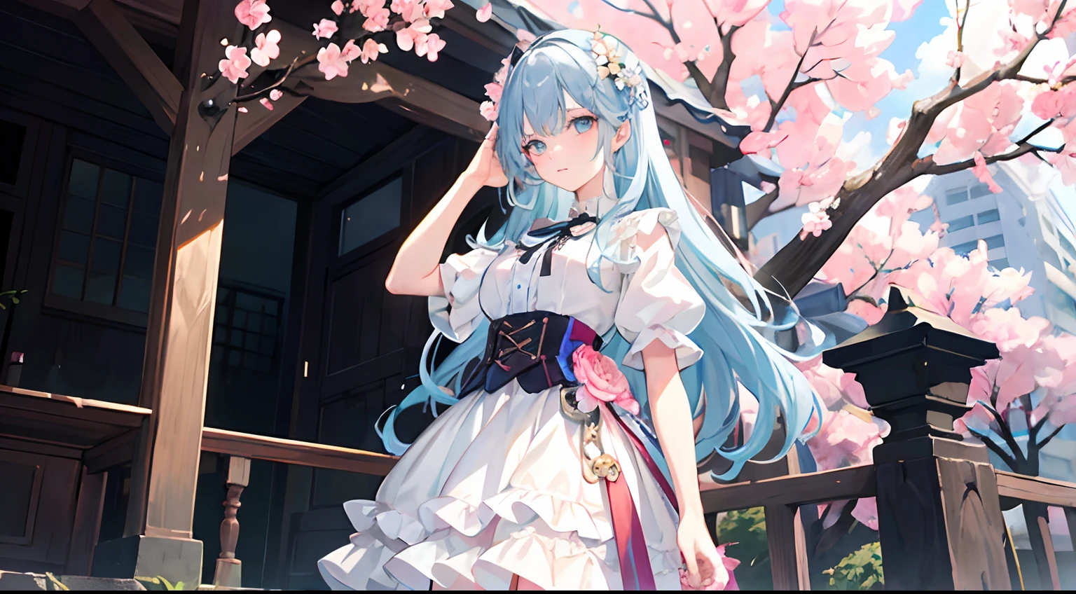 masterpiece、top-quality、ultra-detailliert、
Very beautiful anime face and eyes、cowboy shot、Close-up of people、to stand、Clean posture、Turn your palm with your left hand、Put your right hand on your hip、Adds gloss to the skin、femele、A slender、Cool Face、Semi-long hair、Wavy Hair、Light blue hair、Multi-inner color、Floral Hair Accessories、Contemptuous look、Looking down on viewers、extremely detailed eye、normal hands、middlebreasts、Ring on the ring finger of the left hand、Short sleeve shirt with white ruffles,Layered lace skirt、Cherry blossom pattern、shoes、a park、Background image is blurry