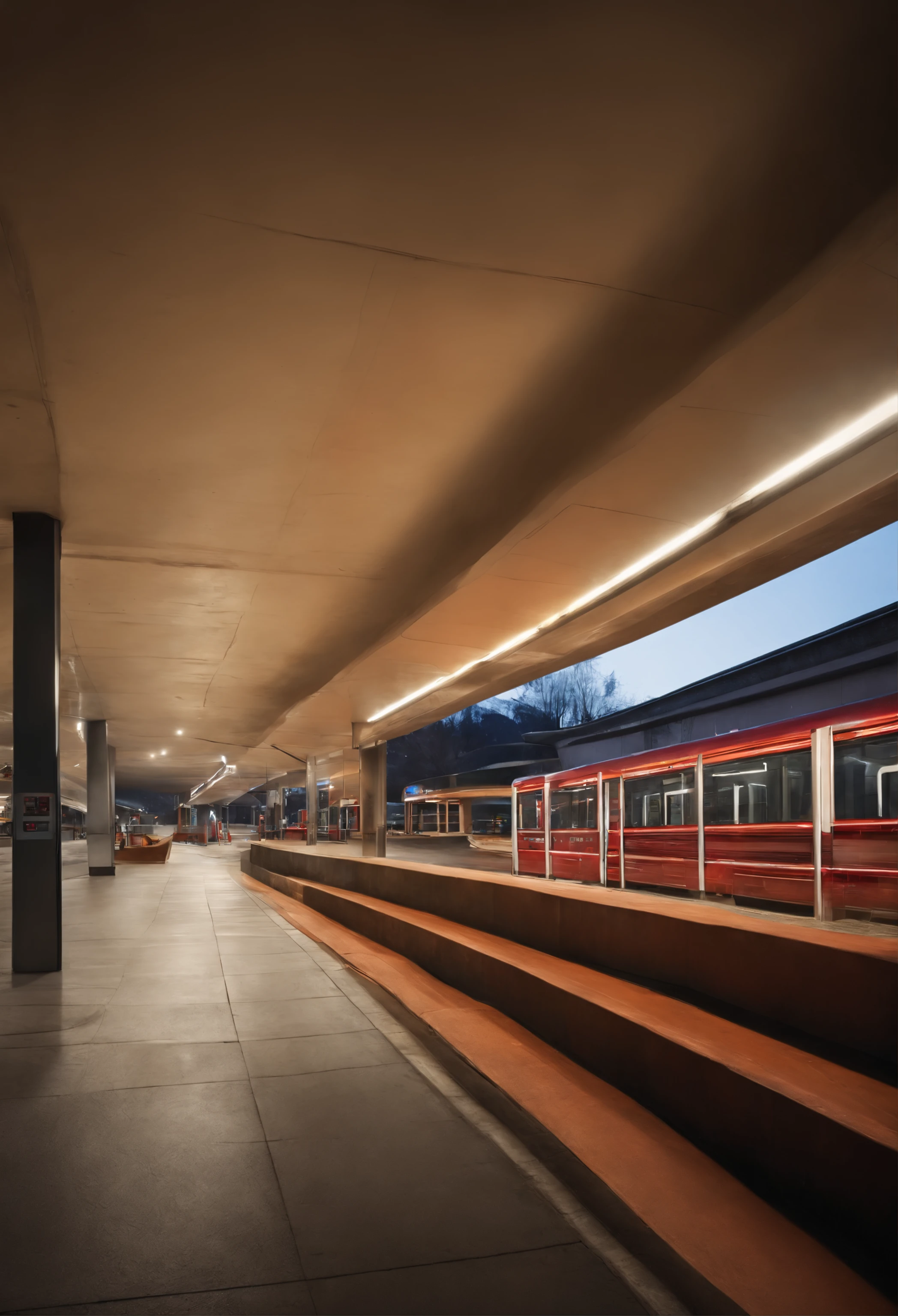 Create a sustainable bus station next to a highway with an inner courtyard and a kind of tunnel that passes under the streets in front