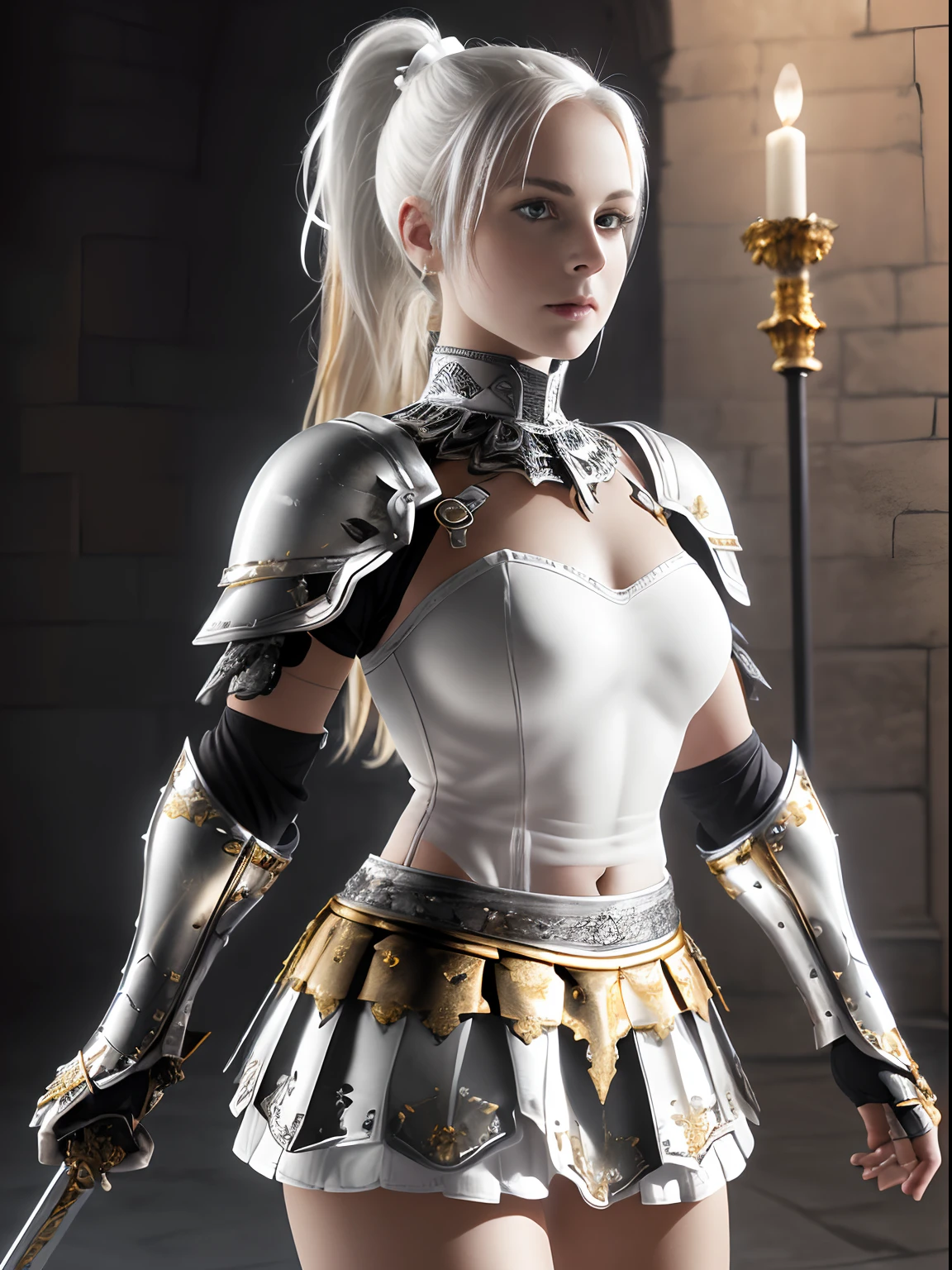 ((American photo)), 1 young woman in ((white gothic knight armor)) with ((silver and gold trims)), helmet, (((very tight white))) (((mini-skirt))), a small tattoo on her thigh, blonde, high ponytail, beautiful, in a castle, holding a large sword, high details, realistic, light of hero, fire background, cinematic color grade