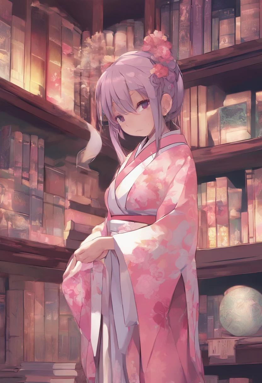 A blend of matte painting and digital painting of a Japanese maid wearing a pink kimono, pink hair, braided ponytail, parted bangs, butterfly hair ornament, half-closed eye, Inside the library, background books, shelves, people, depth of view, scenery is serene, by Naoki YoshidaIntricate linework, Elaborate details, Fine, intricate shading, Delicate and precise rendering, , Intricate and precise details, digital painting, digital illustration, extreme detail, digital art, 4k, ultra hd, anime character, detailed, vibrant, anime face, sharp focus, character design, wlop, artgerm, kuvshinov, character design, octane render 3D rendered
