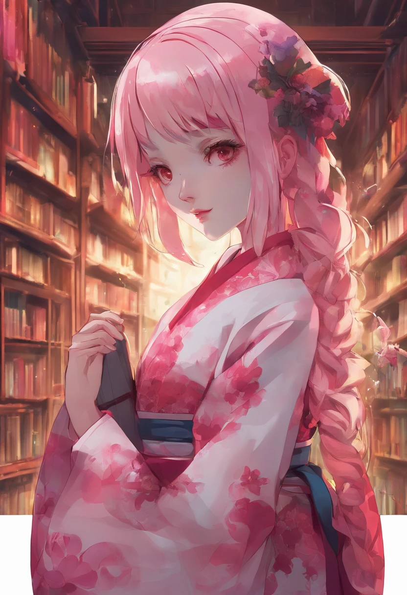 A blend of matte painting and digital painting of a Japanese maid wearing a pink kimono, pink hair, braided ponytail, parted bangs, butterfly hair ornament, half-closed eye, Inside the library, background books, shelves, people, depth of view, scenery is serene, by Naoki YoshidaIntricate linework, Elaborate details, Fine, intricate shading, Delicate and precise rendering, , Intricate and precise details, digital painting, digital illustration, extreme detail, digital art, 4k, ultra hd, anime character, detailed, vibrant, anime face, sharp focus, character design, wlop, artgerm, kuvshinov, character design, octane render 3D rendered