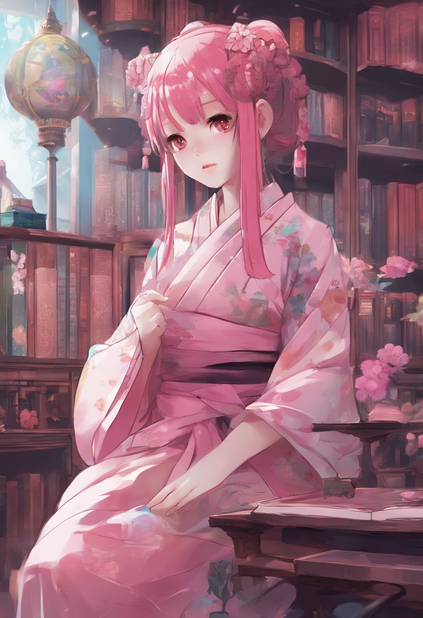 A blend of matte painting and digital painting of a Japanese maid wearing a pink kimono, pink hair, braided ponytail, parted bangs, butterfly hair ornament, half-closed eye, Inside the library, background books, shelves, people, depth of view, scenery is serene, by Naoki YoshidaIntricate linework, Elaborate details, Fine, intricate shading, Delicate and precise rendering, , Intricate and precise details, digital painting, digital illustration, extreme detail, digital art, 4k, ultra hd, anime character, detailed, vibrant, anime face, sharp focus, character design, wlop, artgerm, kuvshinov, character design, octane render 3D rendered