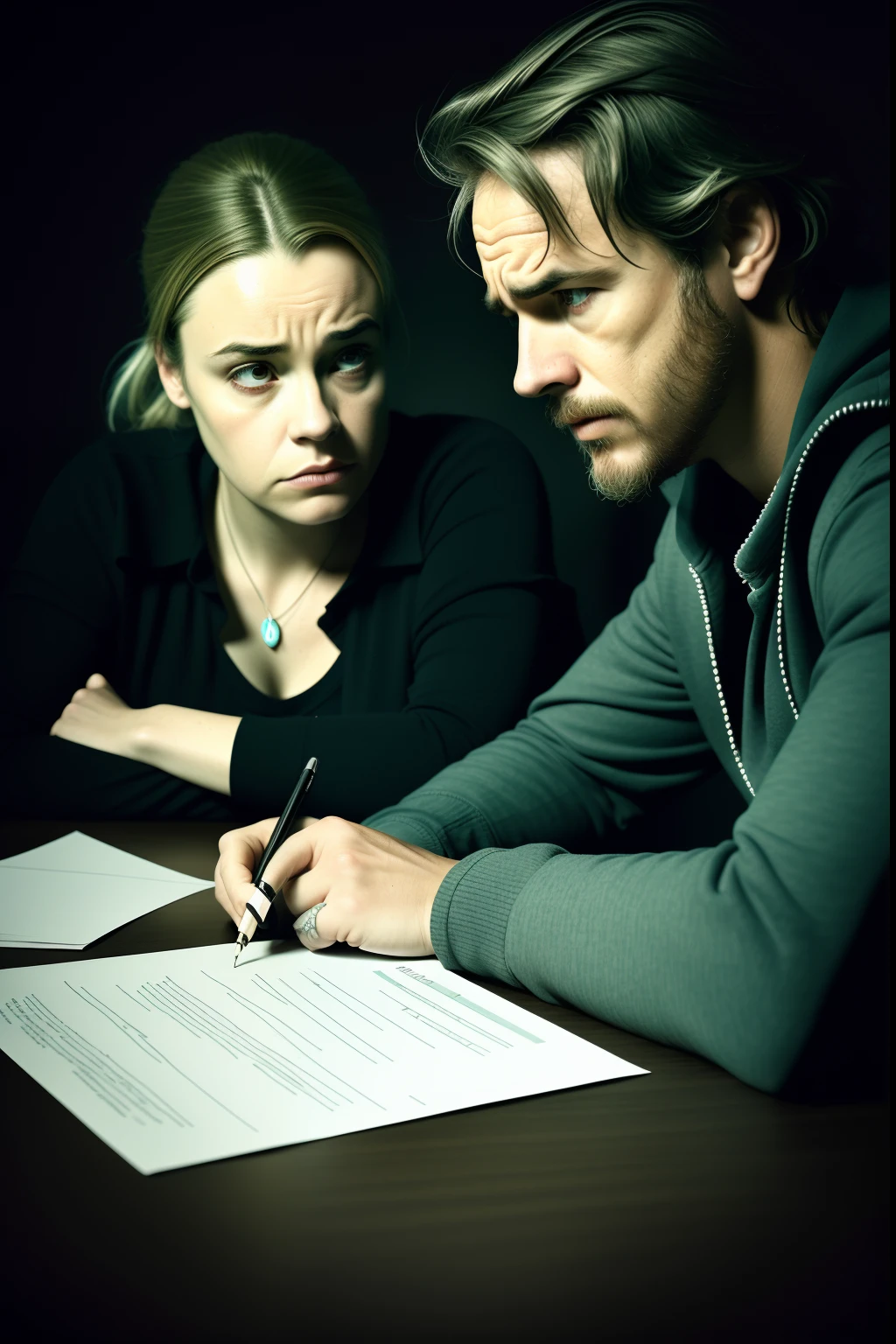 (uma foto de uma mulher e um homem juntos sentados em uma mesa, Discutir),Escuro,Dramatic,alto contraste, intense emotions,conflito,illuminated by a single spotlight, Close-up de seus rostos,expressive facial expressions,contato visual intenso,linguagem corporal tensa,atmosfera tempestuosa,low key lighting,Subtle hints of smoke in the air,Cores Moody,Sombras profundas,contrastes gritantes,Ambiente misterioso,tempestuous sky,Outdoor location,romantic candlelight,messy desk with papers and pens,Shaggy appearance,Conversa profunda,Important decision making,Dire circumstances,longa noite,Unresolved issues.