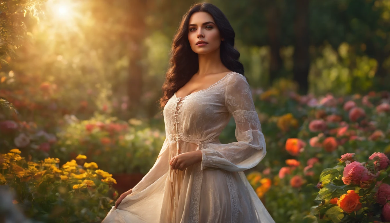 (realistic, best quality:1.2), 1 girl, black hair, slavic face, big breasts, unbuttoned shirt, detailed eyes and lips, natural lighting, nipples, garden scenery, flowing dress, vibrant colors, summer vibes, sunlight
