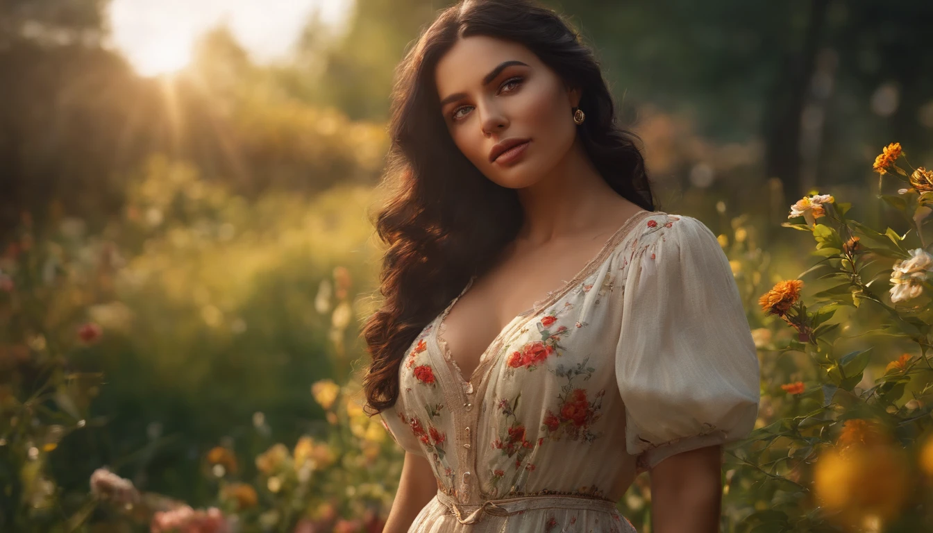 (realistic, best quality:1.2), 1 girl, black hair, slavic face, big breasts, unbuttoned shirt, detailed eyes and lips, natural lighting, nipples, garden scenery, flowing dress, vibrant colors, summer vibes, sunlight