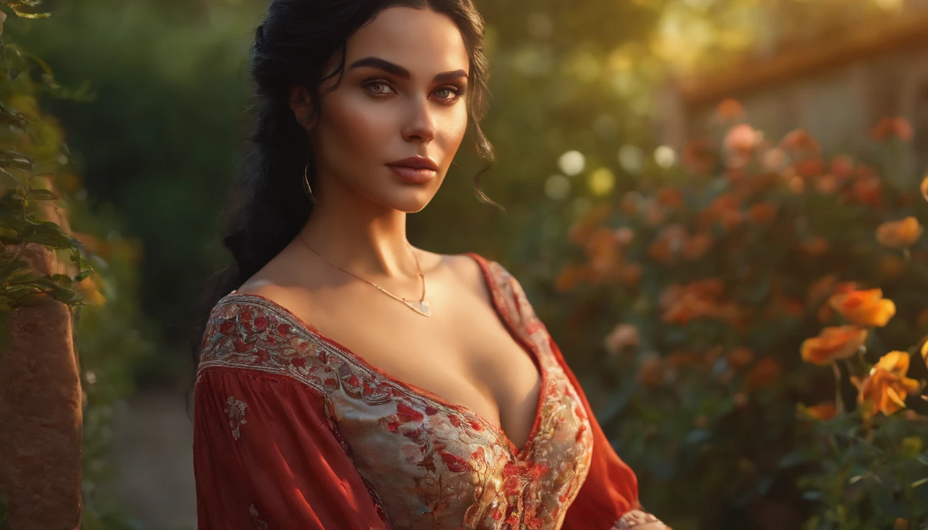 (realistic, best quality:1.2), 1 girl, black hair, slavic face, big breasts, unbuttoned shirt, detailed eyes and lips, natural lighting, nipples, garden scenery, flowing dress, vibrant colors, summer vibes, sunlight