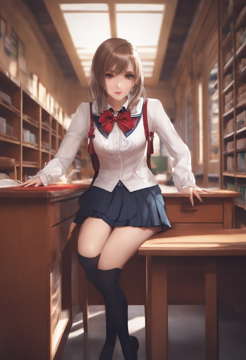 Squatting,School uniform,(Show off panties:1.1) , cleavage,