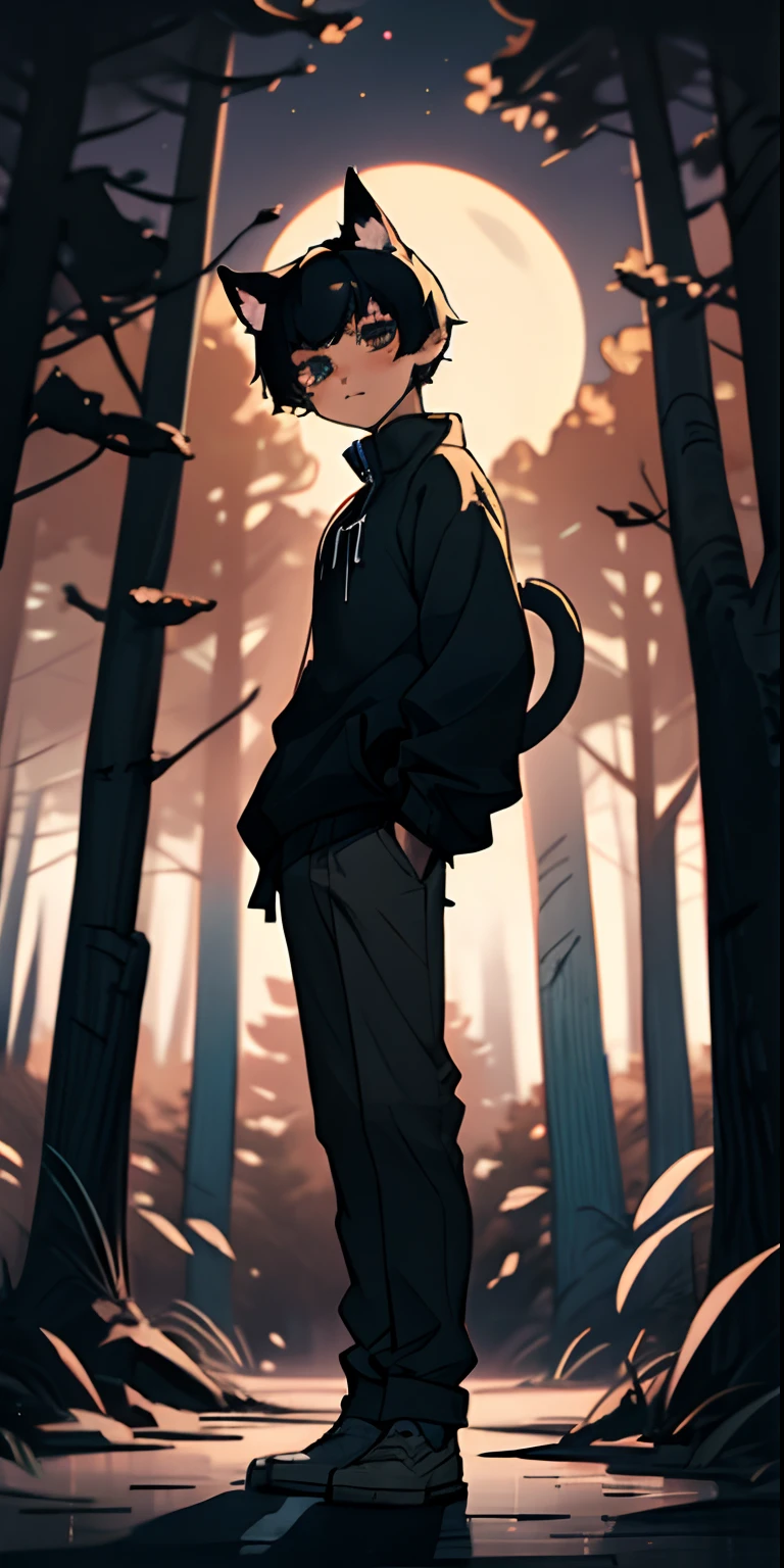 catboy, nekomimi, boy, cute boy, black hair, cat ears, emo boy, standing outside, forest, nighttime