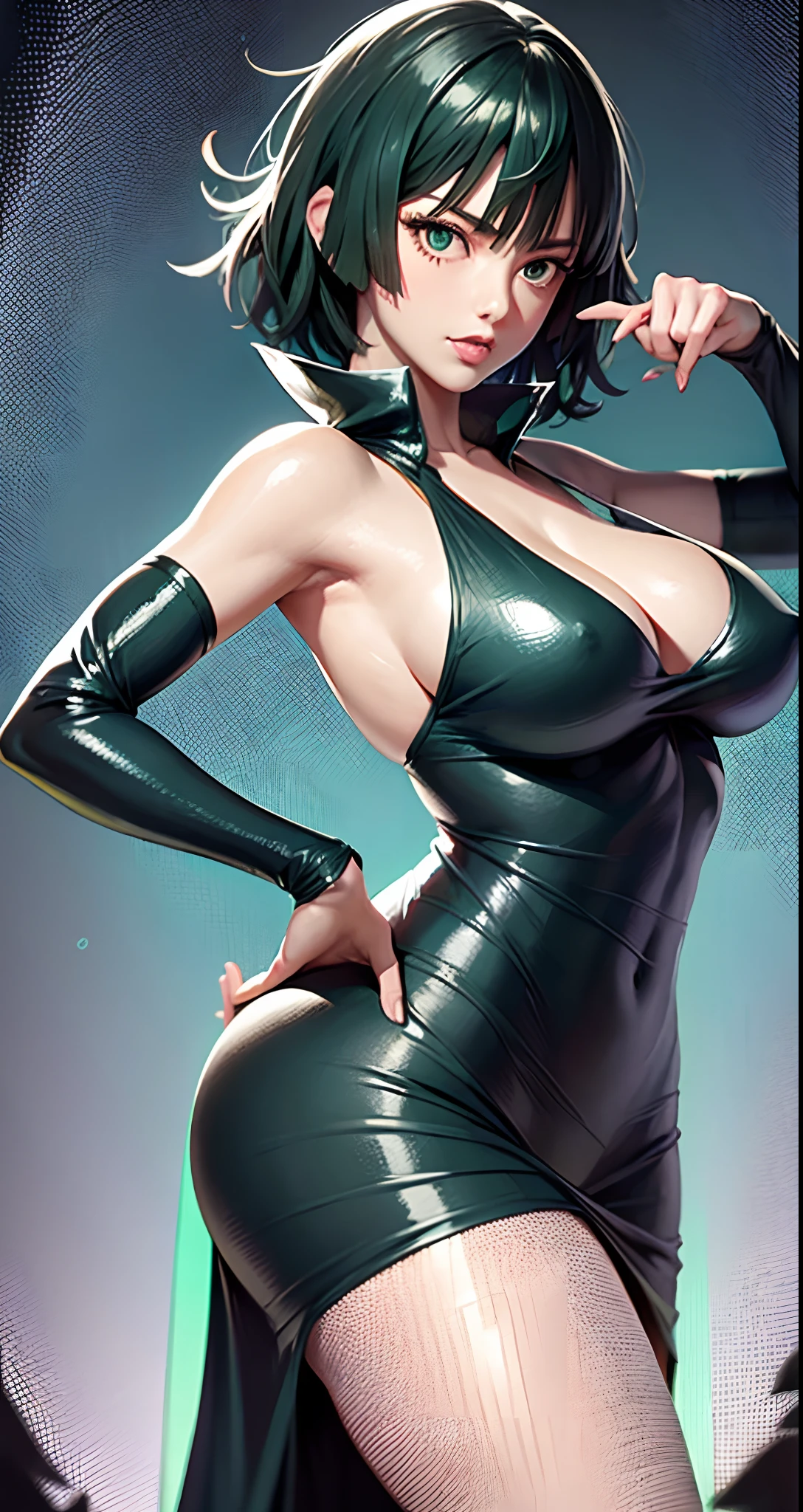 Una mujer con un vestido verde sentada en una repisa,fubuki de One Punch Man, Hermosa chica de anime en cuclillas, Fubuki, Thicc, Ella lleva un vestido verde oscuro, fubuki, peeping from behind, Postura de la espalda, Full growth from behind, Growing from behind, seductora chica de anime, Anime woman