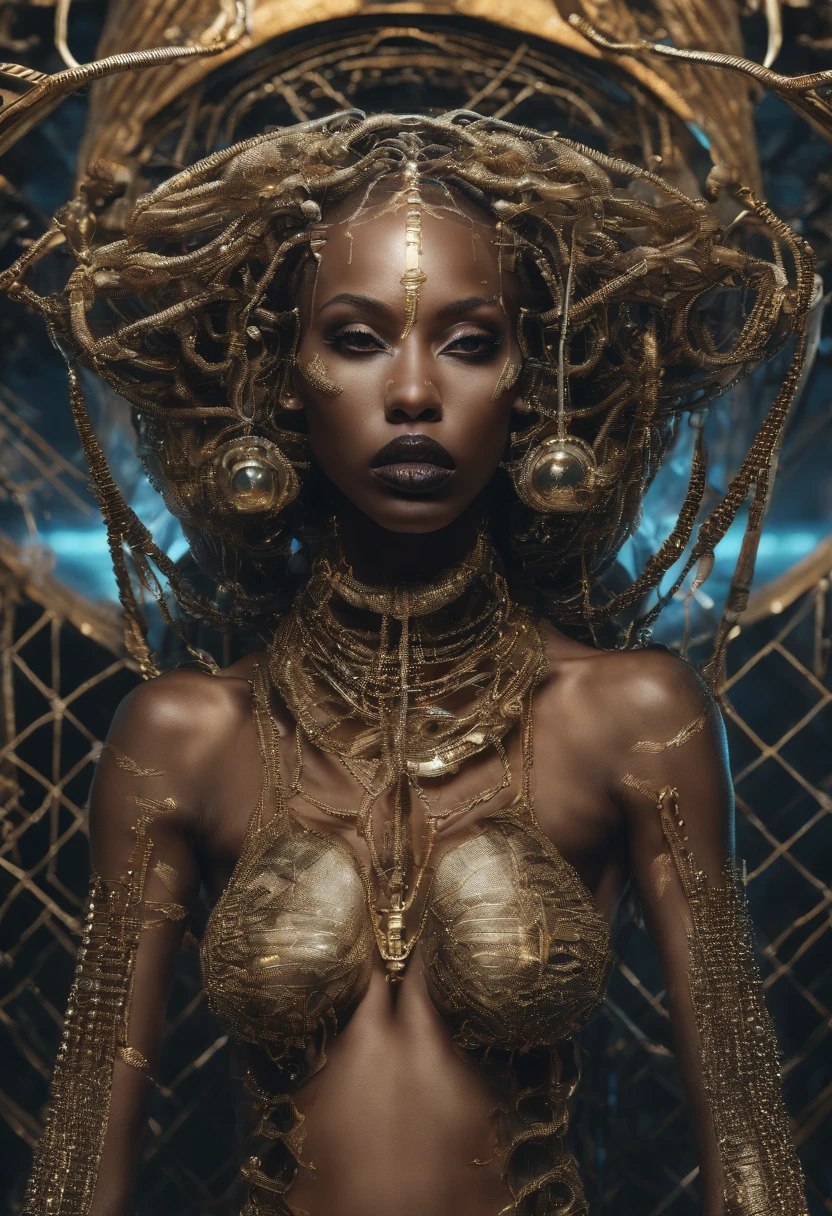 Ghotic woman afro cut with big bare breasts and piercing on the nipples of gold chains