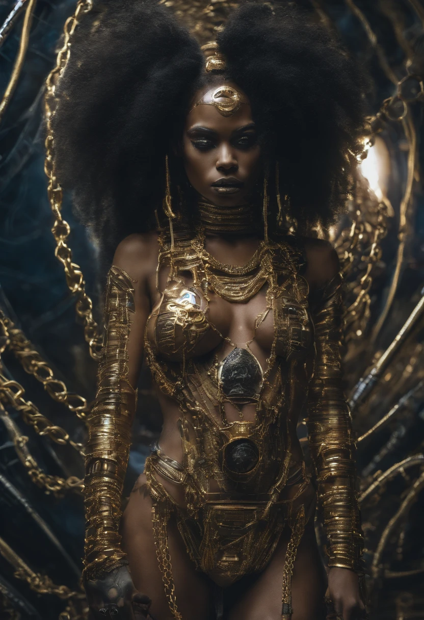 Ghotic woman afro cut with big bare breasts and piercing on the nipples of gold chains
