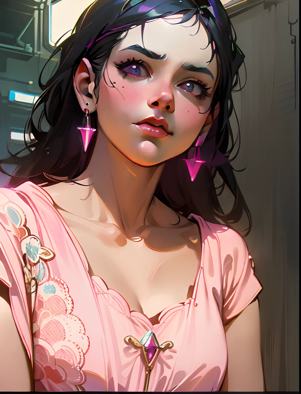 there is a woman with a pink dress and earrings on, artwork in the style of guweiz, stunning digital illustration, low detailed. digital painting, cyberpunk art style, rossdraws portrait, rossdraws 1. 0, the cyberpunk girl portrait, detailed digital anime art, cyberpunk 2077 rossdraws, cgsociety portrait, rossdraws global illumination