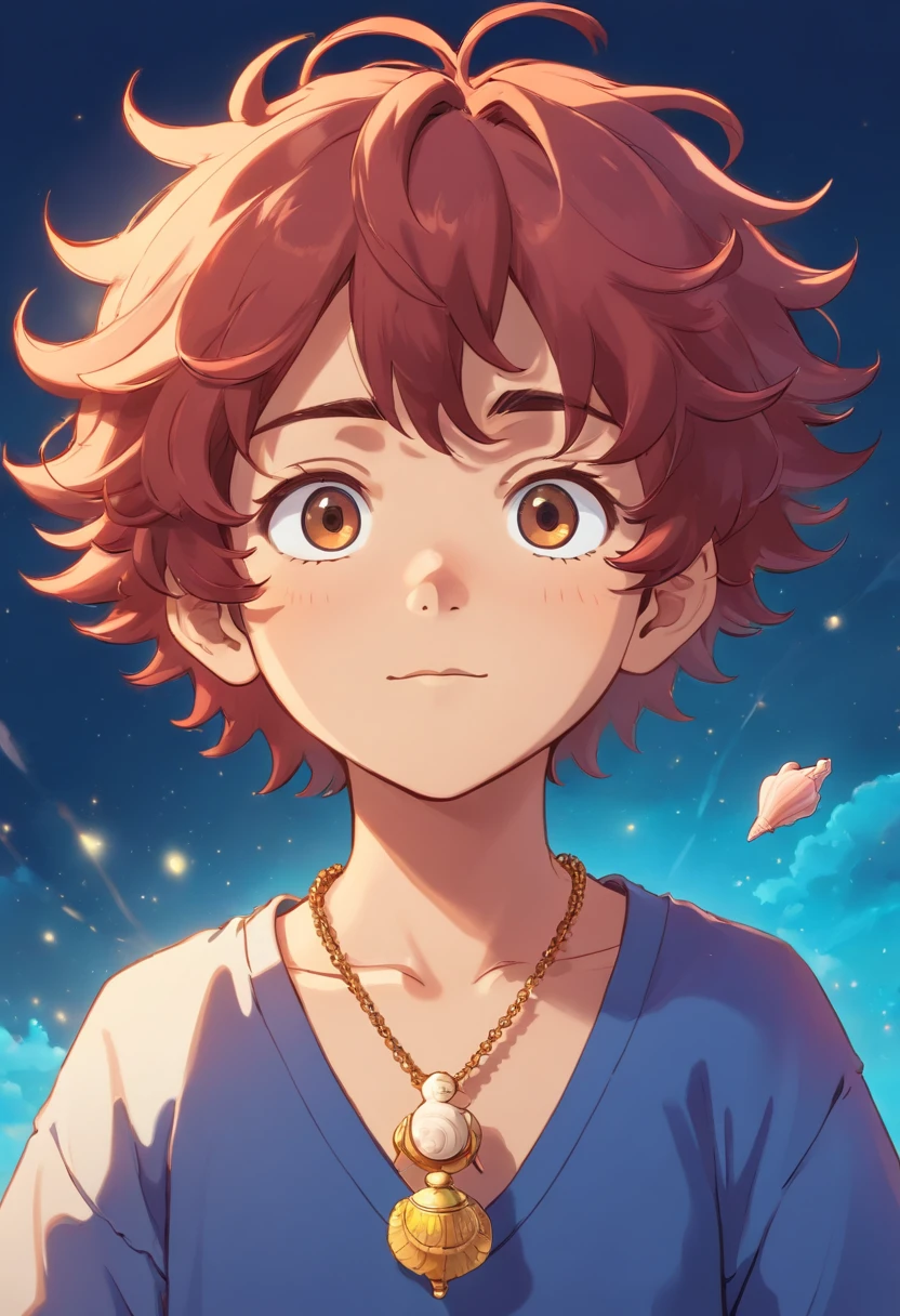 Create a little Yoruba boy in anime wearing curly hair, nudread and with a conch necklace
