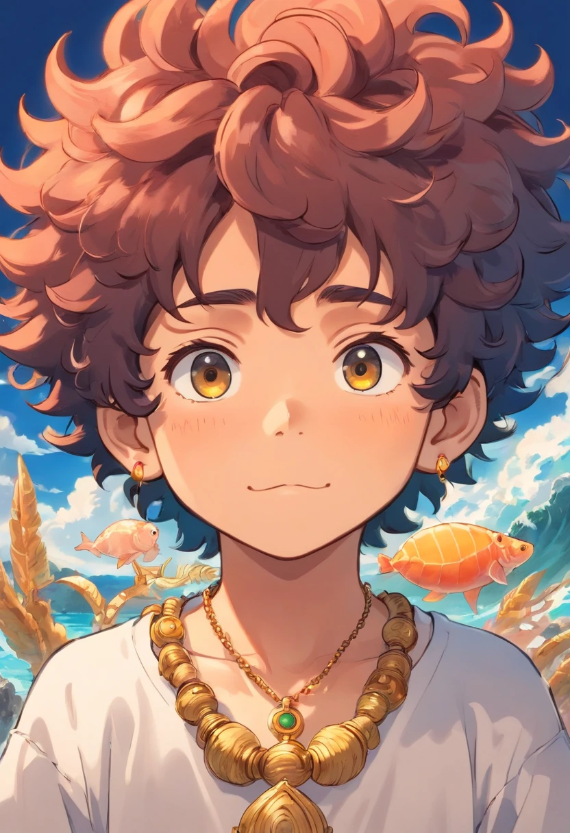 Create a little Yoruba boy in anime wearing curly hair, nudread and with a conch necklace