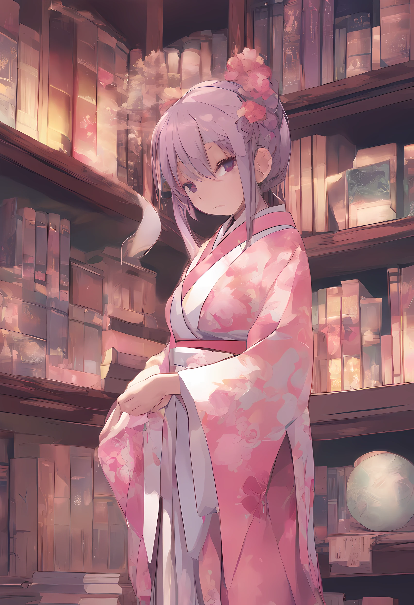 A blend of matte painting and digital painting of a Japanese maid wearing a pink kimono, pink hair, braided ponytail, parted bangs, butterfly hair ornament, half-closed eye, Inside the library, background books, shelves, people, depth of view, scenery is serene, by Naoki YoshidaIntricate linework, Elaborate details, Fine, intricate shading, Delicate and precise rendering, , Intricate and precise details, digital painting, digital illustration, extreme detail, digital art, 4k, ultra hd, anime character, detailed, vibrant, anime face, sharp focus, character design, wlop, artgerm, kuvshinov, character design, octane render 3D rendered