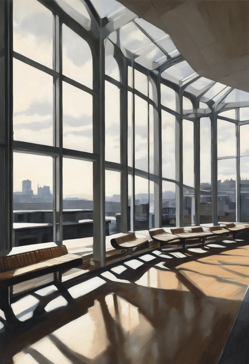 painting of a building with a lot of windows and a lot of benches, concept art inspired by Richard Estes, cg society contest winner, modernism, realistic painting of a complex, wim crouwel, benjamin vnuk, architectural painting, brutalist painting, white pale concrete city, portal. zaha hadid, michael, landscape of a future city, daniel richter
