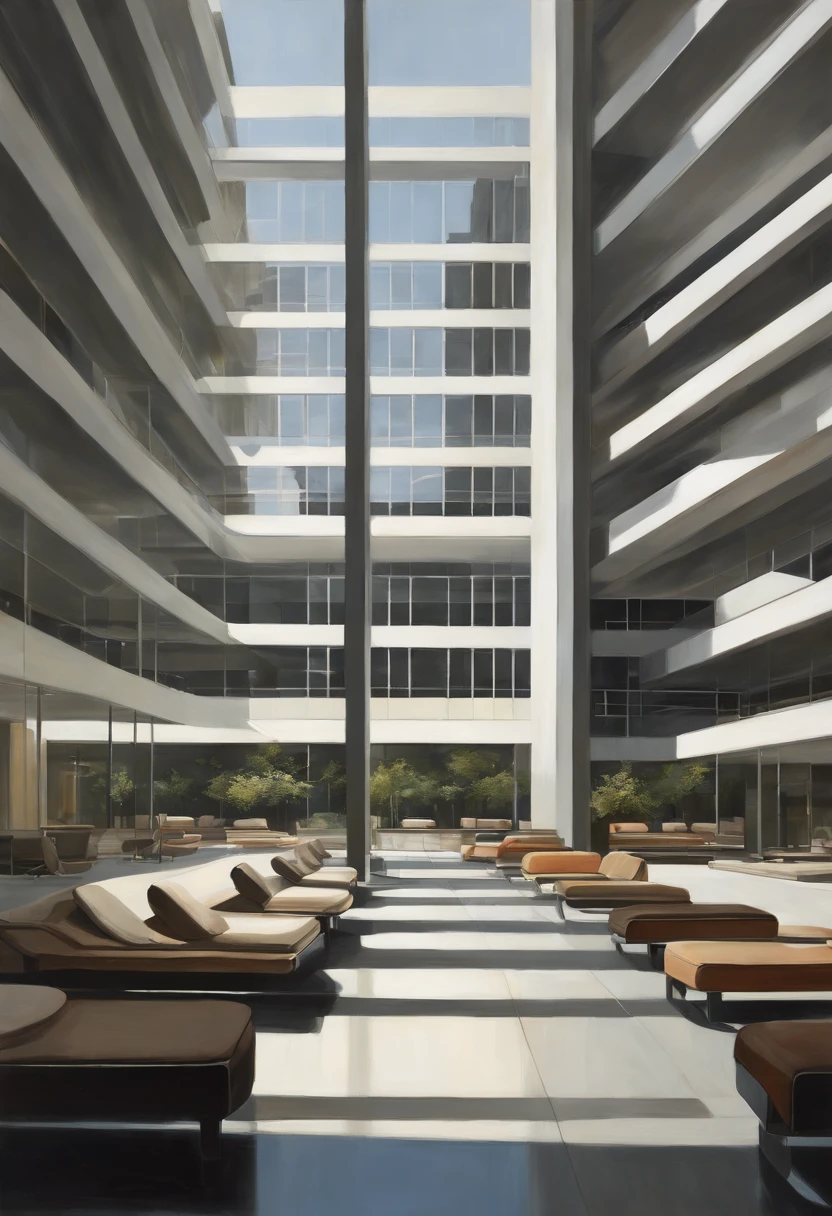 painting of a building with a lot of windows and a lot of benches, concept art inspired by Richard Estes, cg society contest winner, modernism, realistic painting of a complex, wim crouwel, benjamin vnuk, architectural painting, brutalist painting, white pale concrete city, portal. zaha hadid, michael, landscape of a future city, daniel richter