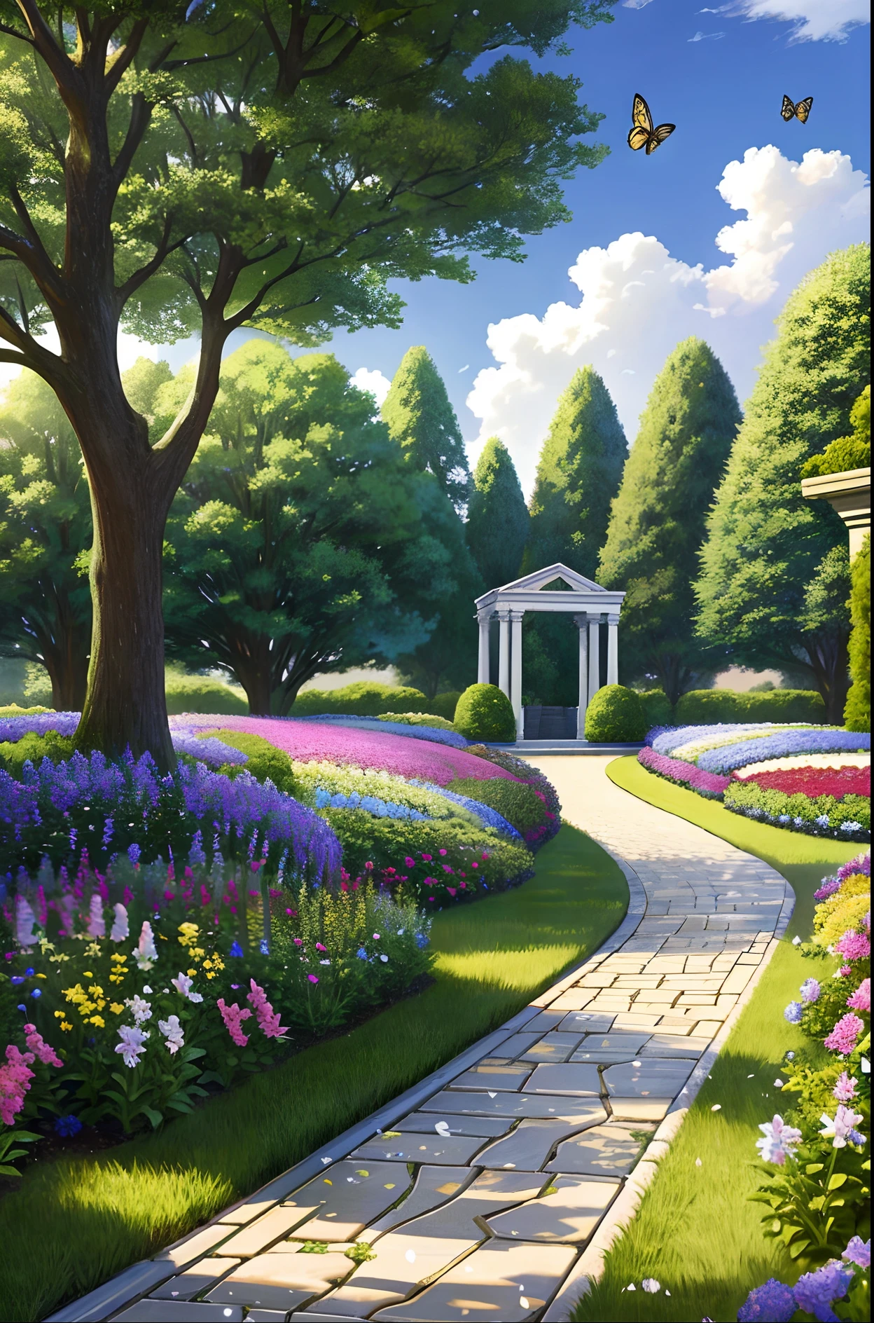 Masterpiece, best quality, no humans, castle garden, trees, summer, flowers, bushes, roses, clouds, sky, stone path, big tree, bees, butterflies, hyperrealistic, detailed background, depth of field, rimlighting, specular highlights, bloom, atmospheric lighting