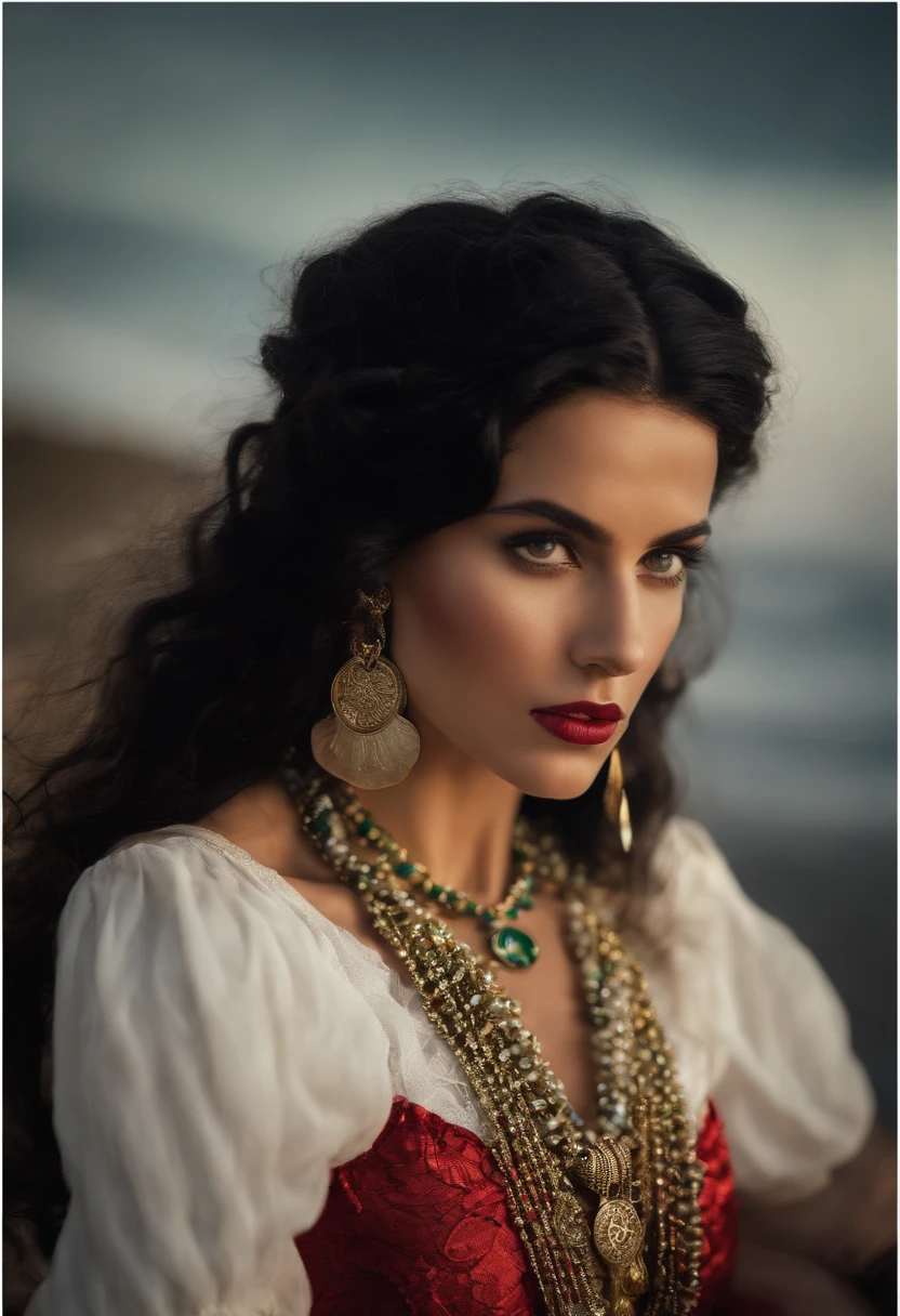 A gypsy with green eyes black hair, white blouse with gold medals and red skirt with ruffles, seashell necklaces.
