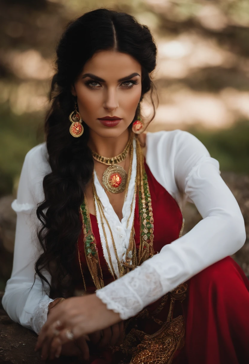 A gypsy with green eyes black hair, white blouse with gold medals and red skirt with ruffles, seashell necklaces.