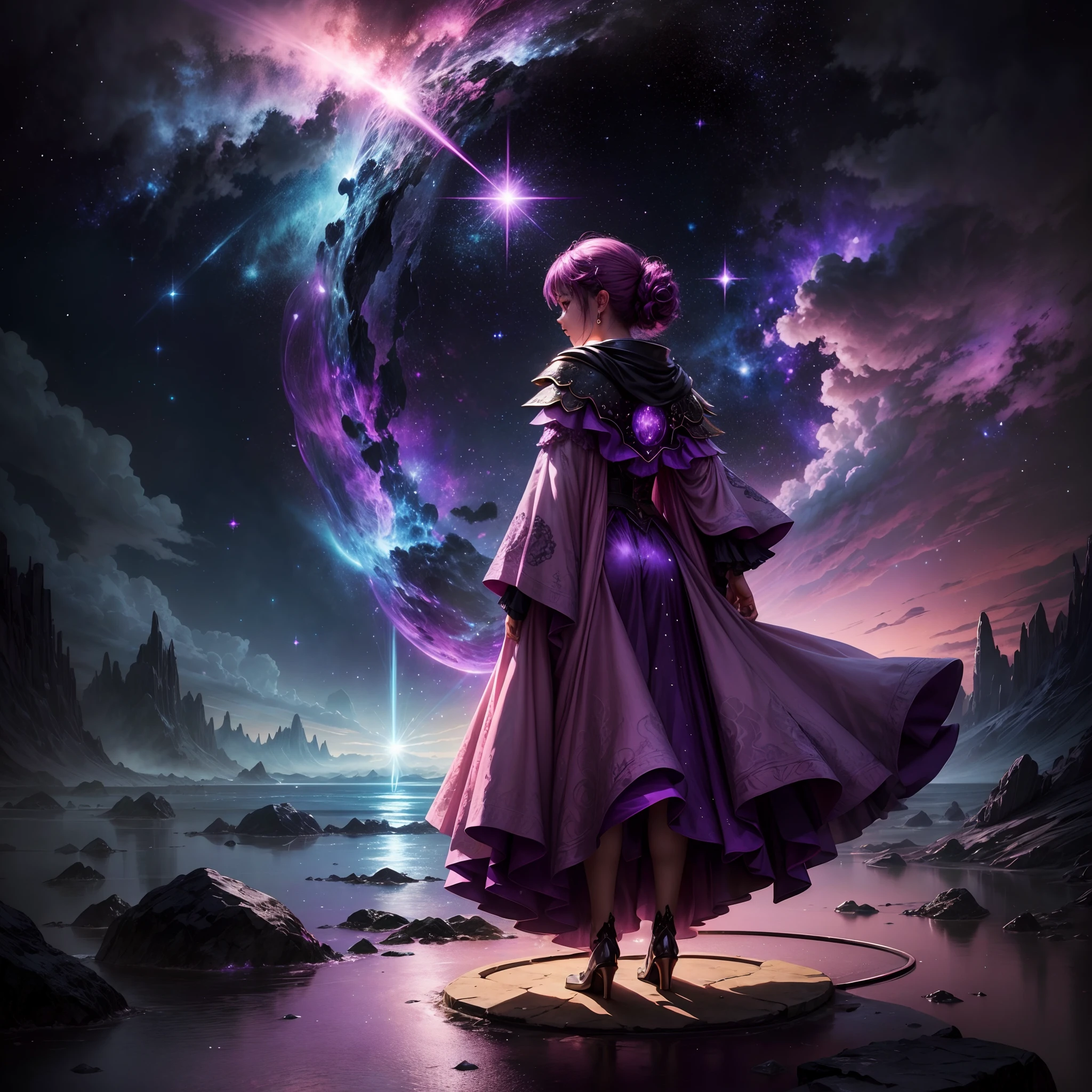 A distant cosmic behind her back and standing with a pink and violet cloak, entrando portal forma U invertido, water ground, she has a torch of fire on a violet backdrop, azul, A sky full of stars, Lua Cheia Brilhante