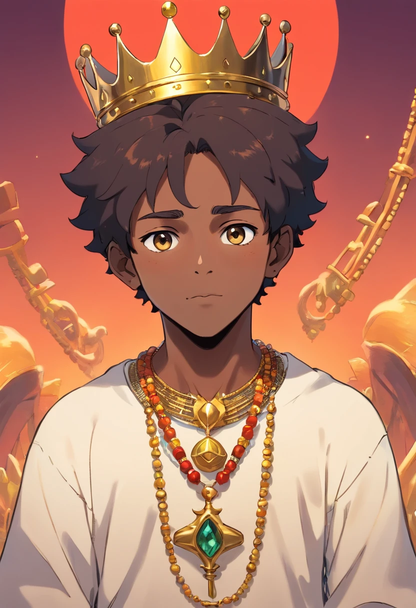 Make an African black boy who is a prince of the kingdom of Dahomey wearing a conch necklace and a golden Crown in anime