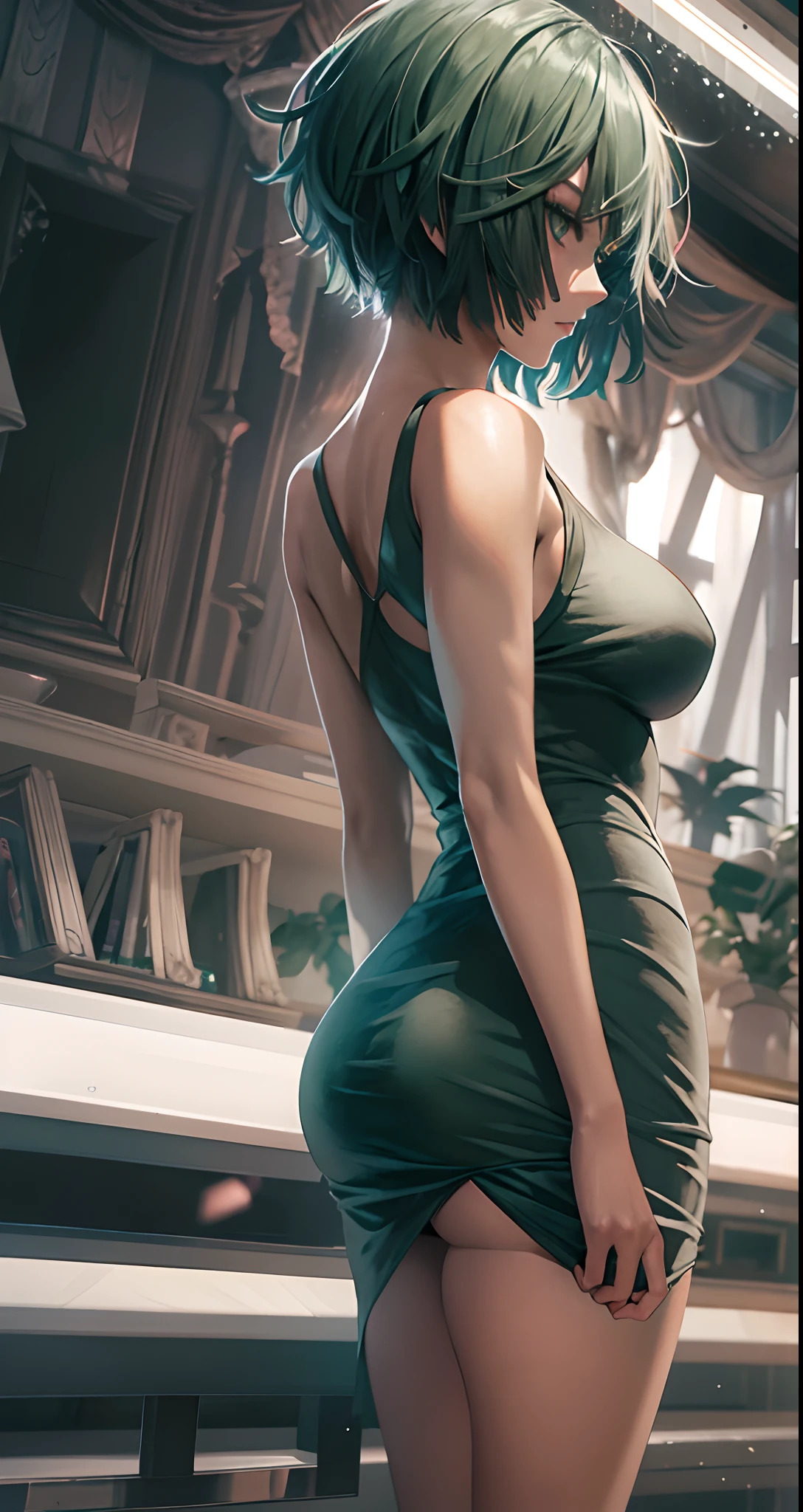 Una mujer con un vestido verde sentada en una repisa,fubuki de One Punch Man, Hermosa chica de anime en cuclillas, Fubuki, Thicc, Ella lleva un vestido verde oscuro, fubuki, peeping from behind, Postura de la espalda, Full growth from behind, Growing from behind, seductora chica de anime, Anime woman