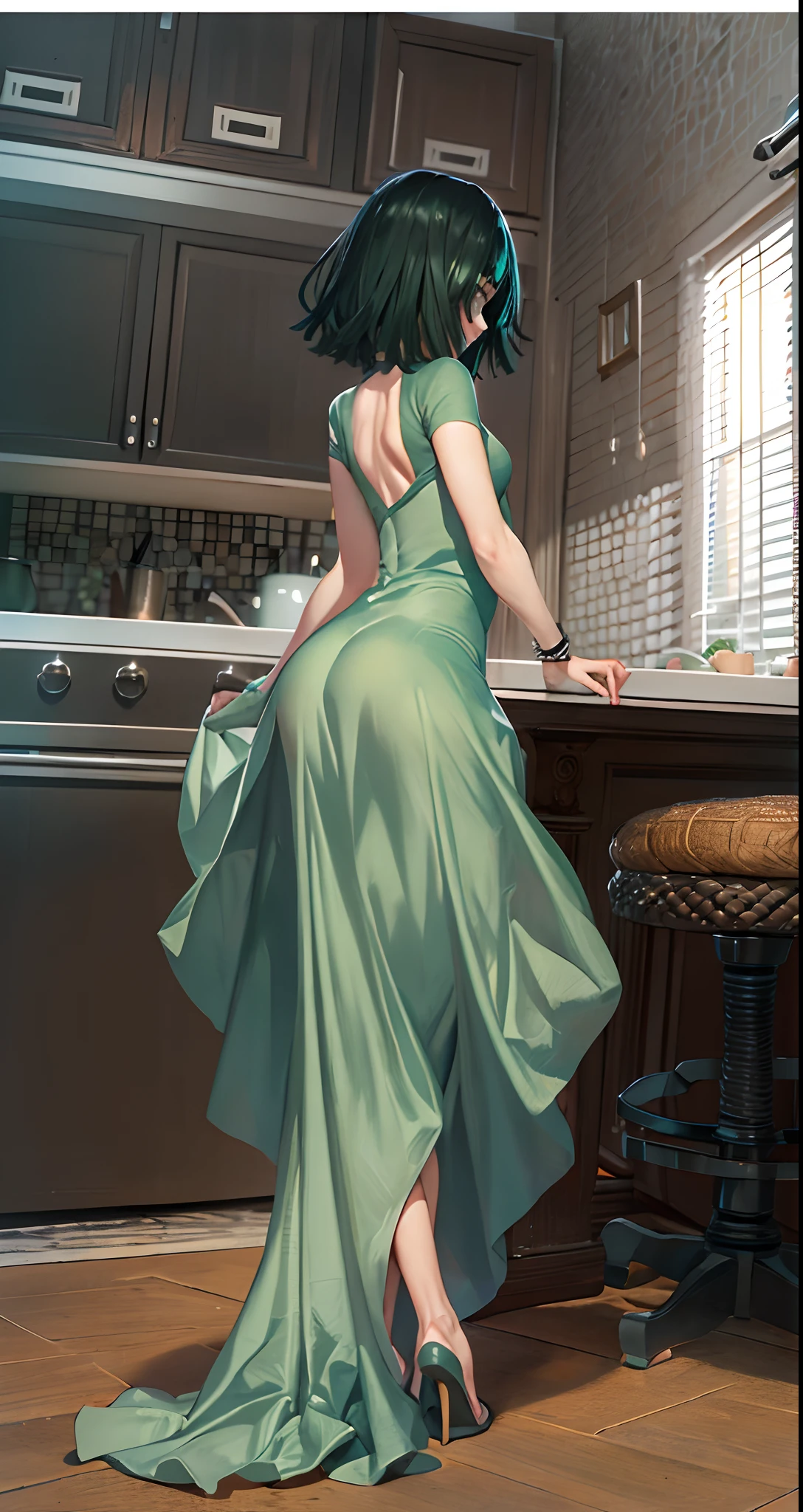 Portraiture、(masterpiece,Highest quality,Ultra-high resolution),Japanese women, (((Very beautiful 25 year old girl))),She is wearing a long-sleeved dress made of shiny pale green satin.、The dress has a simple design without any patterns.