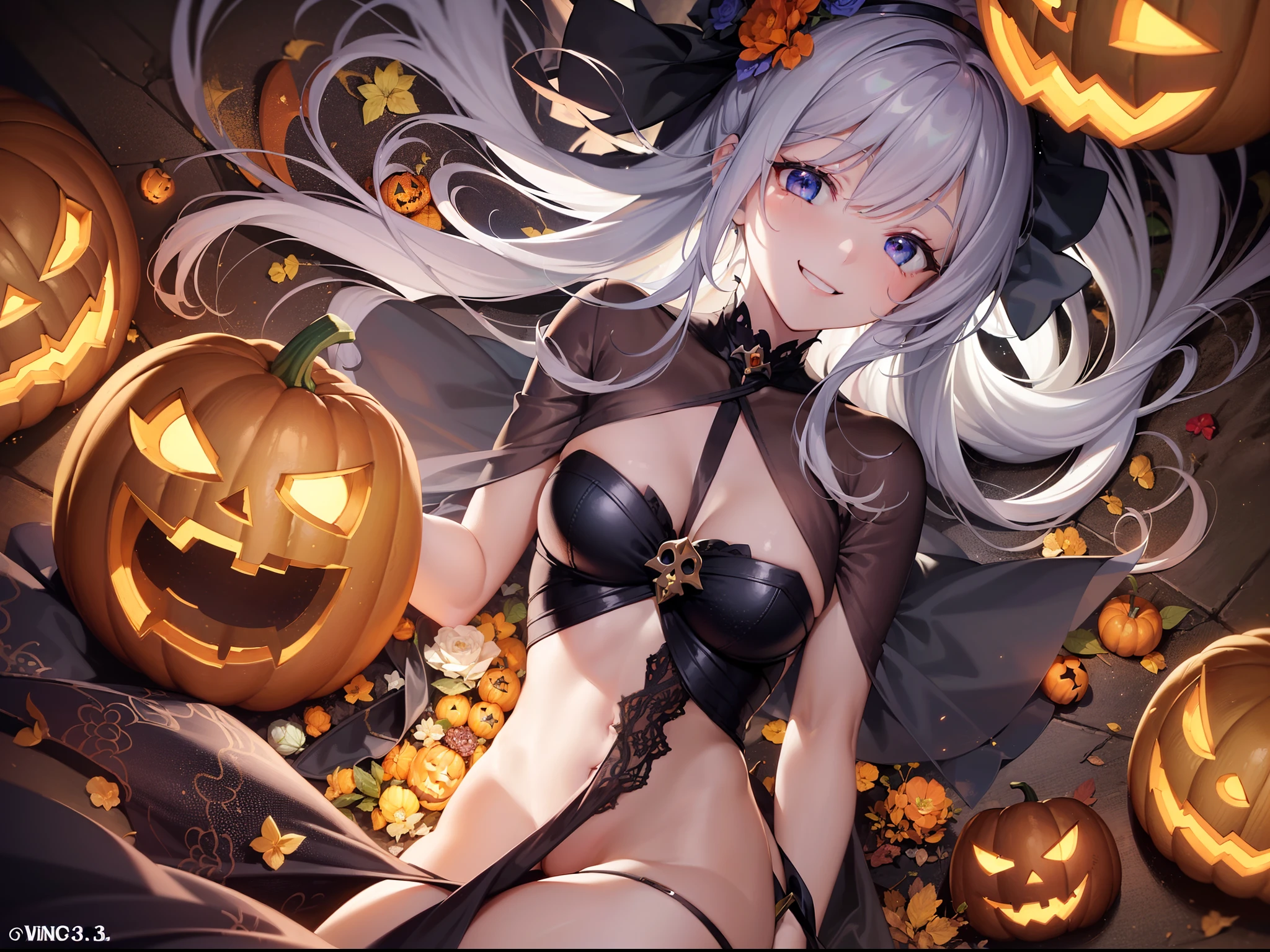 ((masuter piece:1.5)),((Finest quality)),(Ultra-high precision),8k picture,Top quality anime,Highest level of resolution,sharpnes,Clair,Fantasyart,Detailed down to the smallest detail,Phenomenal depiction,Halloween Party:1.5,((1人の女性,)),the witch,Floating,((a smile:1.3,winc:1.5),Lots of jack-o'-lanterns